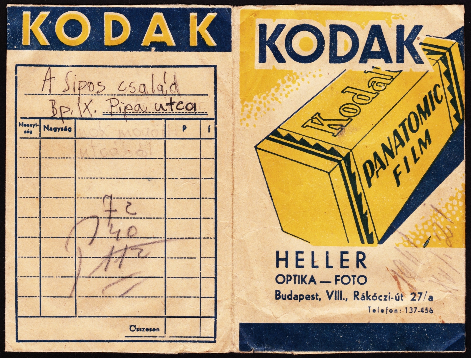 Hungary, Budapest VIII., Rákóczi út 27/a, Heller optika-fotó., 1941, Fortepan, Kodak-brand, Print Envelope, camera store, Budapest, Fortepan #81532