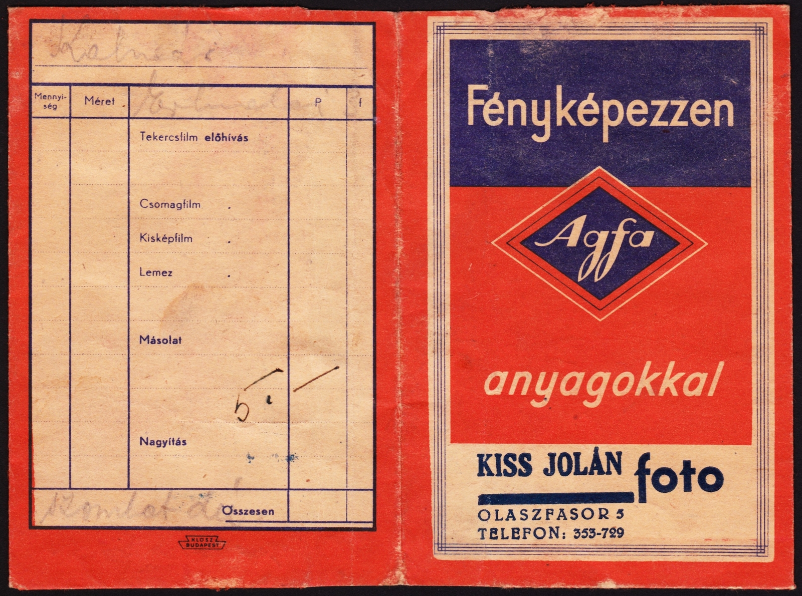 Hungary, Budapest II., Szilágyi Erzsébet (Olasz) fasor 5., Kiss Jolán fotószaküzlete., 1939, Fortepan, Print Envelope, camera store, Budapest, Agfa-brand, colorful, Fortepan #81539