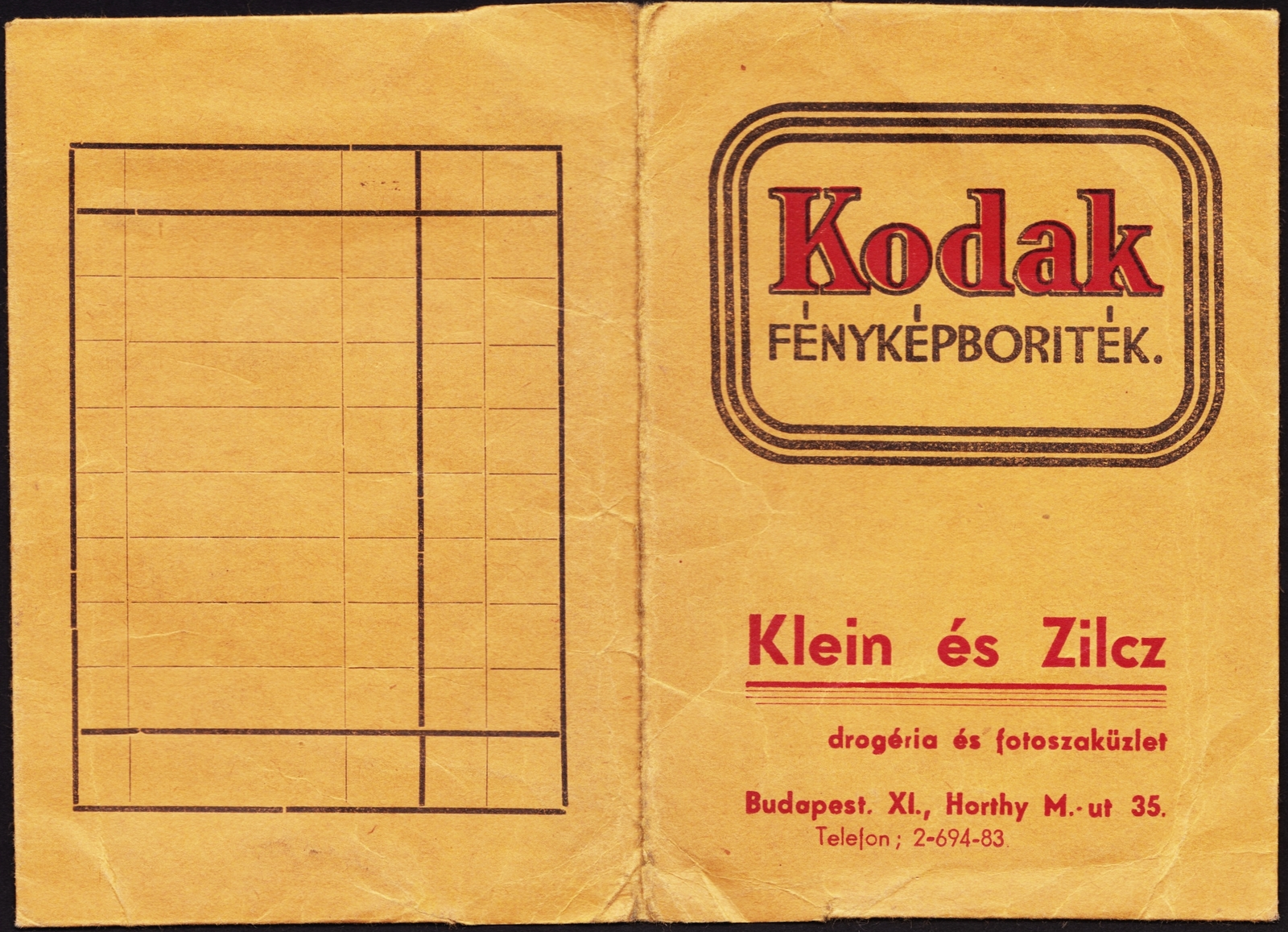 Hungary, Budapest XI., Bartók Béla (Horthy Miklós) út 35., Klein és Zilcz drogéria és fotószaküzlete., 1941, Fortepan, Print Envelope, camera store, Budapest, Fortepan #81540