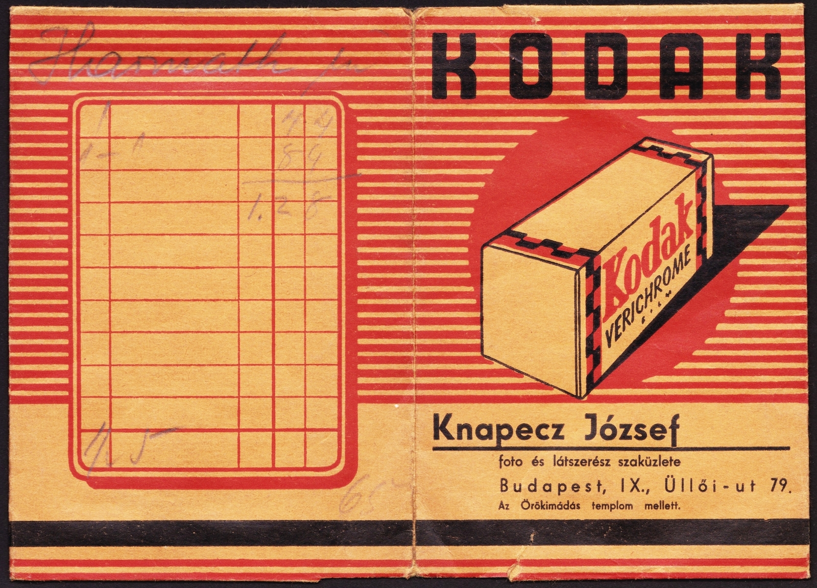 Hungary, Budapest IX., Üllői út 79., Knapecz József fotó és látszerész szaküzlete., 1941, Fortepan, Print Envelope, camera store, Budapest, Fortepan #81541