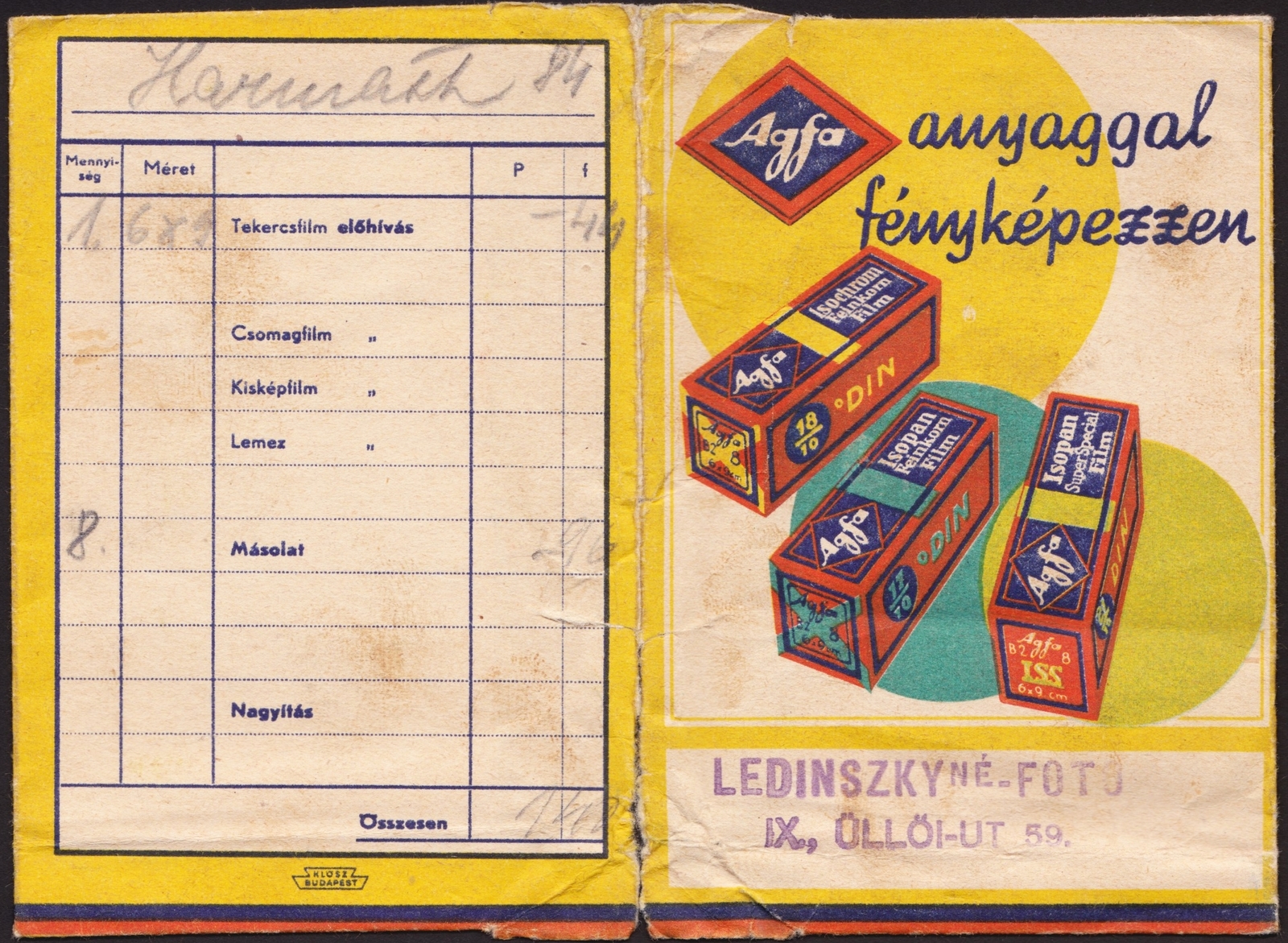 Hungary, Budapest IX., Üllői út 59., Ledinszkyné Pauli Erzsi fotószaküzlete., 1940, Fortepan, Print Envelope, camera store, Budapest, colorful, Agfa-brand, Fortepan #81549