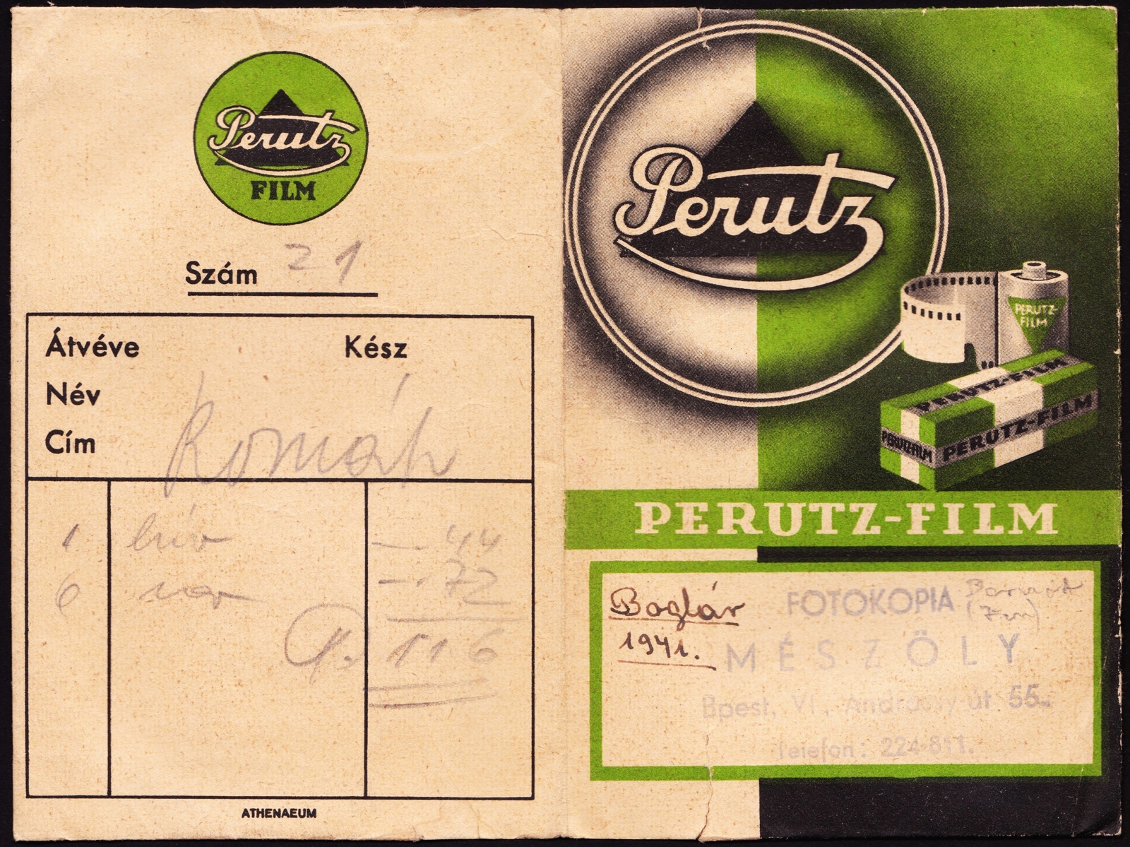 Hungary, Budapest VI., Andrássy út 55., Mészöly – FOTOKÓPIA., 1941, Fortepan, Print Envelope, camera store, Budapest, Fortepan #81552