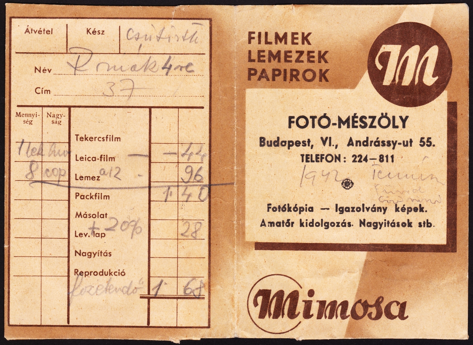 Hungary, Budapest VI., Andrássy út 55., Mészöly Fotó., 1942, Fortepan, Print Envelope, camera store, Budapest, Fortepan #81553