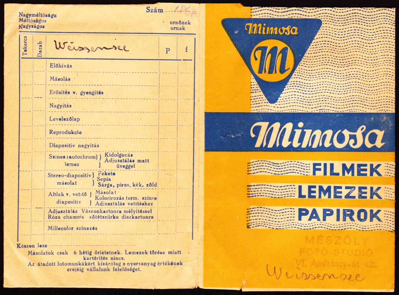 Hungary, Budapest VI., Andrássy út 42., Mészöly Fotó Stúdió., 1935, Fortepan, Print Envelope, Budapest, Fortepan #81559