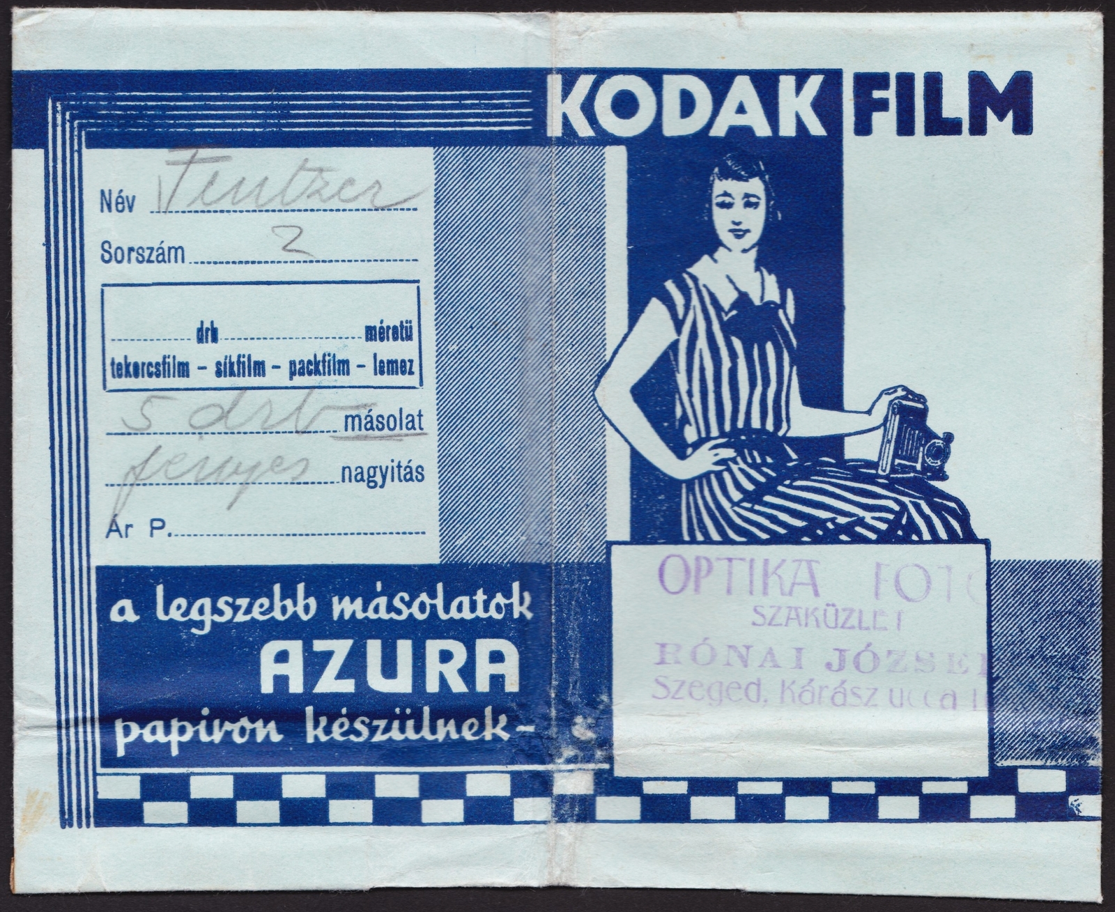 Hungary, Szeged, Kárász utca 19., Rónai József Optika Fotó szaküzlete., 1932, Fortepan, Kodak-brand, Print Envelope, camera store, Fortepan #81567