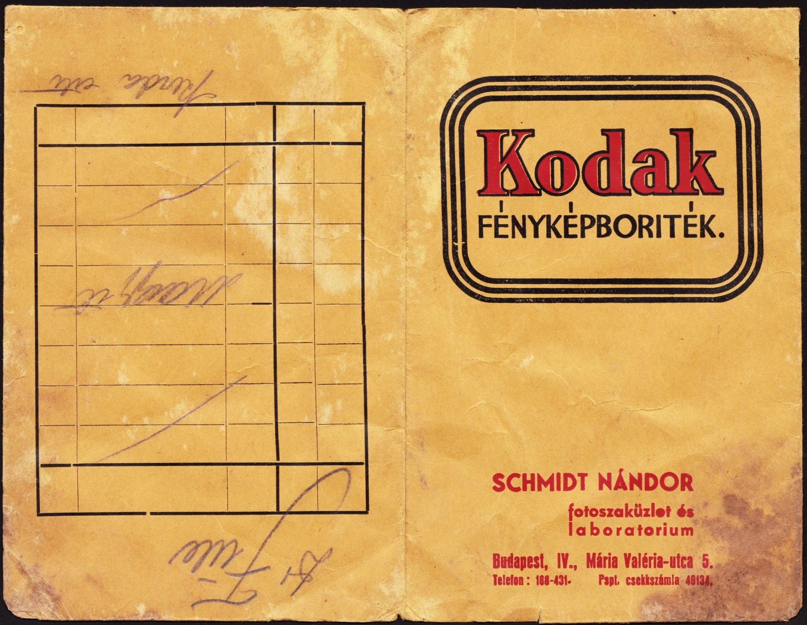 Hungary, Budapest V., Apáczai Csere János (Mária Valéria) utca 5., Schmidt Nándor fotószaküzlete és laboratóriuma., 1938, Fortepan, photographer, Print Envelope, Budapest, Fortepan #81569