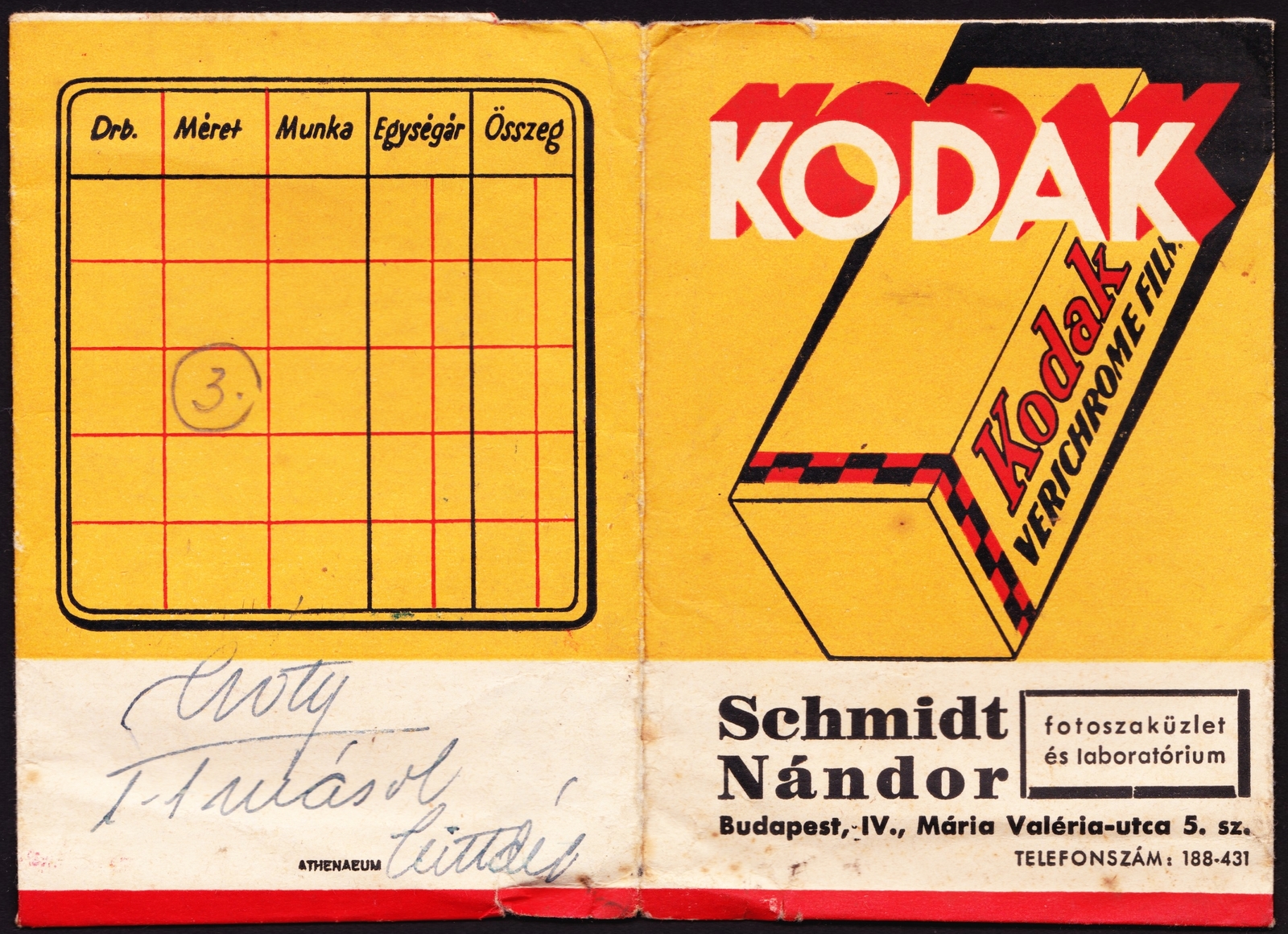 Hungary, Budapest V., Apáczai Csere János (Mária Valéria) utca 5., Schmidt Nándor fotószaküzlete és laboratóriuma., 1938, Fortepan, Print Envelope, camera store, photo lab, Budapest, Kodak-brand, colorful, Fortepan #81570