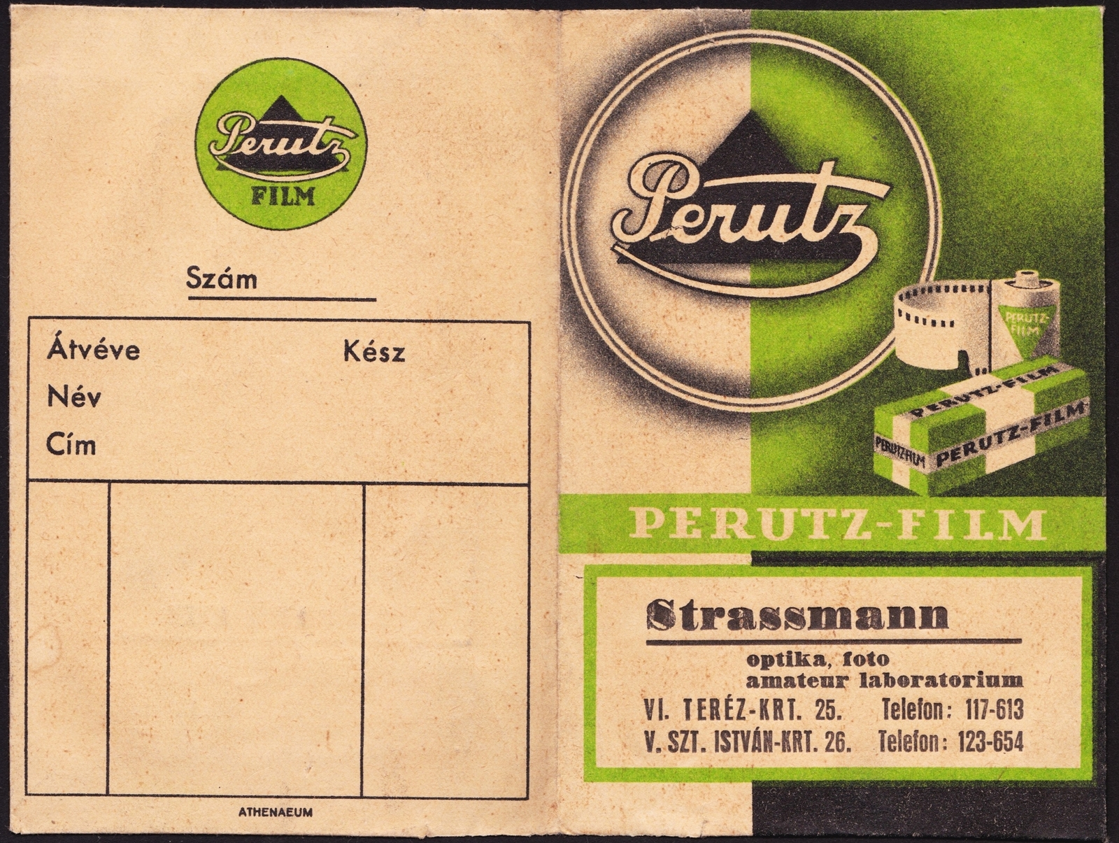 Hungary, Budapest VI.,Budapest XIII., Teréz körút 25. / Szent István körút 26., Strassmann optika, optika és fotó szaküzlete és amatőr laboratóriuma., 1936, Fortepan, Print Envelope, camera store, photo lab, Budapest, Fortepan #81575