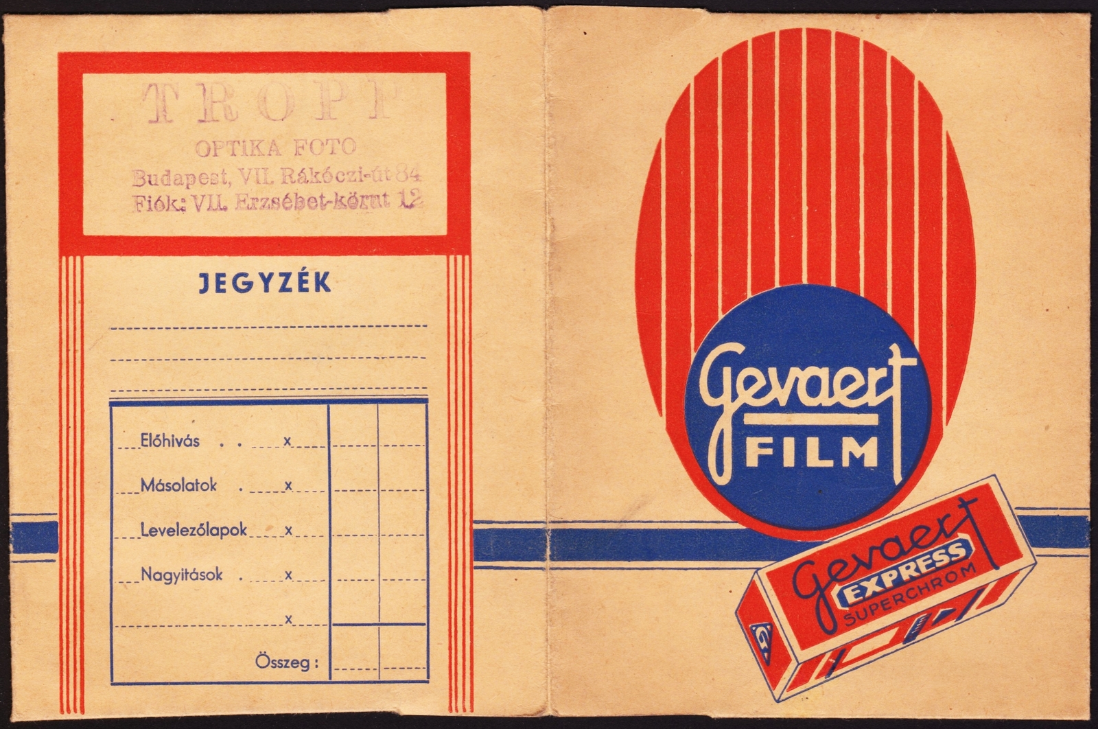 Magyarország, Budapest VII., Rákóczi út 84. / Erzsébet körút 12., TROPP Optika Fotó., 1934, Fortepan, fényképtartó tasak, fotószaküzlet, Budapest, színes, Fortepan #81581