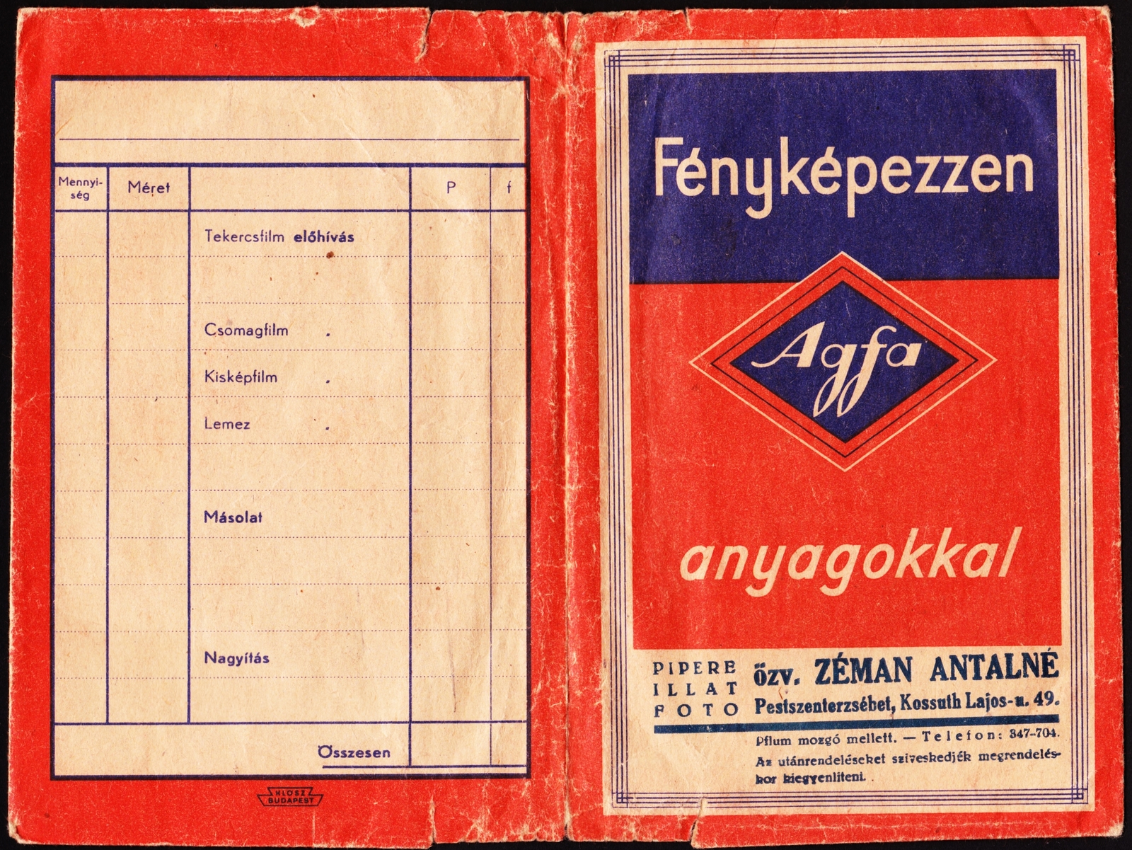 Magyarország, Budapest XX., Kossuth Lajos utca 49., Zéman Antalné özv. Pipere, Illat, Fotó., 1935, Fortepan, fényképtartó tasak, Budapest, Agfa-márka, színes, Fortepan #81583