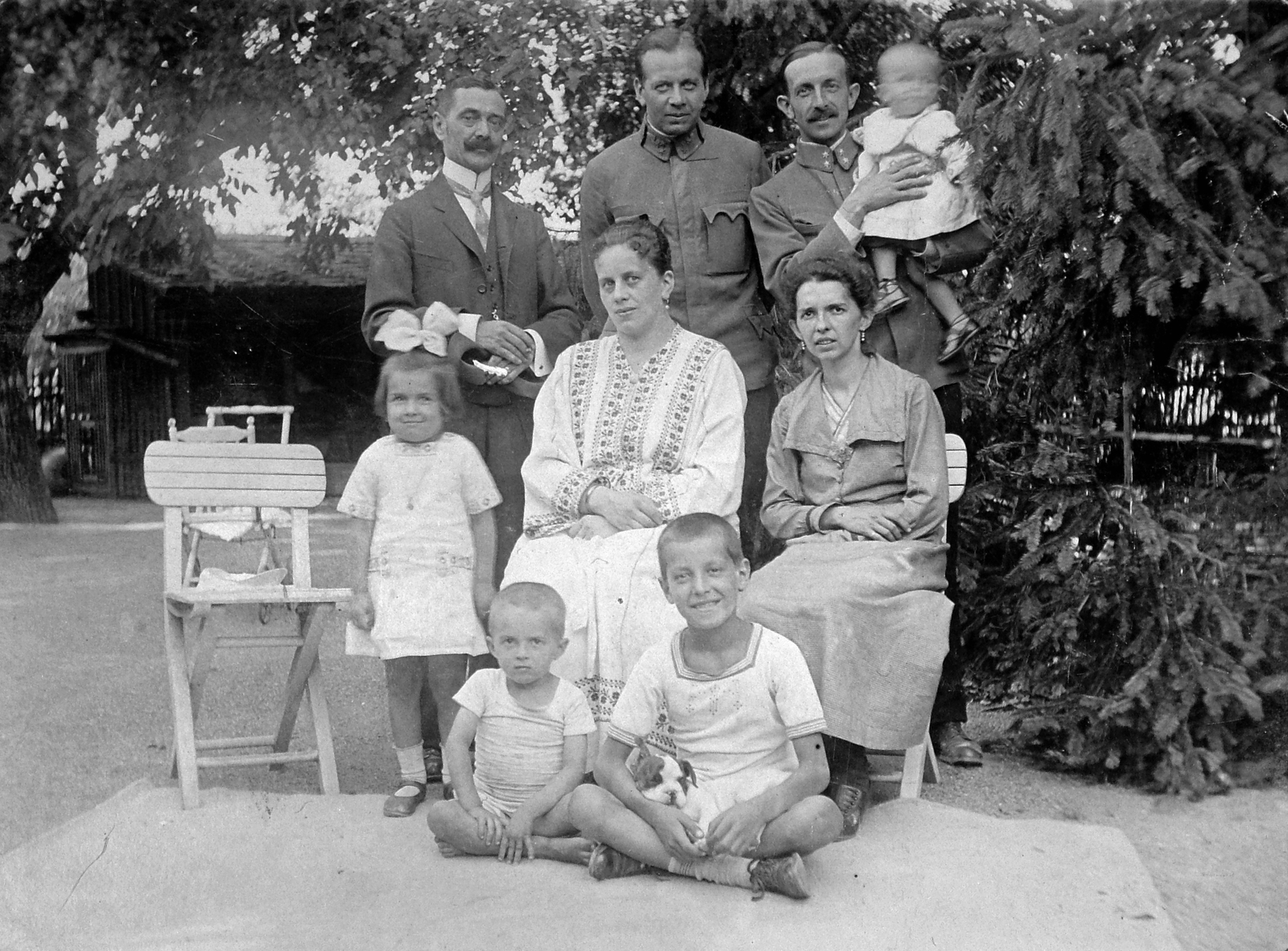 1925, Fortepan, family, uniform, garden, tableau, women, men, summer, kids, ribbon, outdoor chair, officer, hold in arms, Fortepan #8207