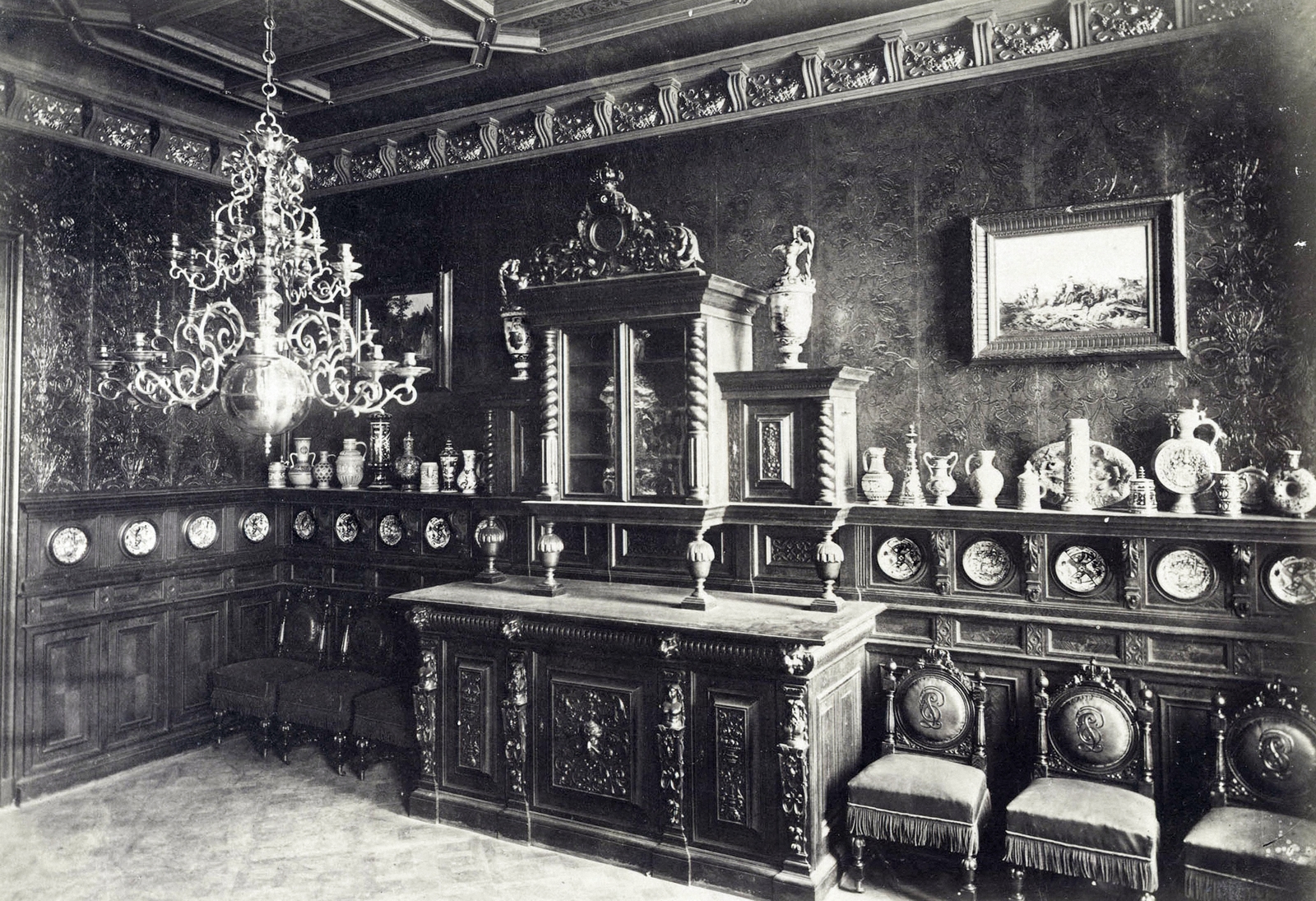 Hungary, Budapest V., Széchenyi István (Ferenc József) tér 4., Coburg-palota (megsemmisült), kínai szoba. A felvétel az 1870-es években készült. A kép forrását kérjük így adja meg: Fortepan / Budapest Főváros Levéltára. Levéltári jelzet: HU.BFL.XV.19.d.1.05.018, 1900, Budapest Főváros Levéltára / Klösz György fényképei, Klösz György, furniture, painting, interior, chandelier, ceramics, chair, industrial art, Budapest, disappeared, Fortepan #82073
