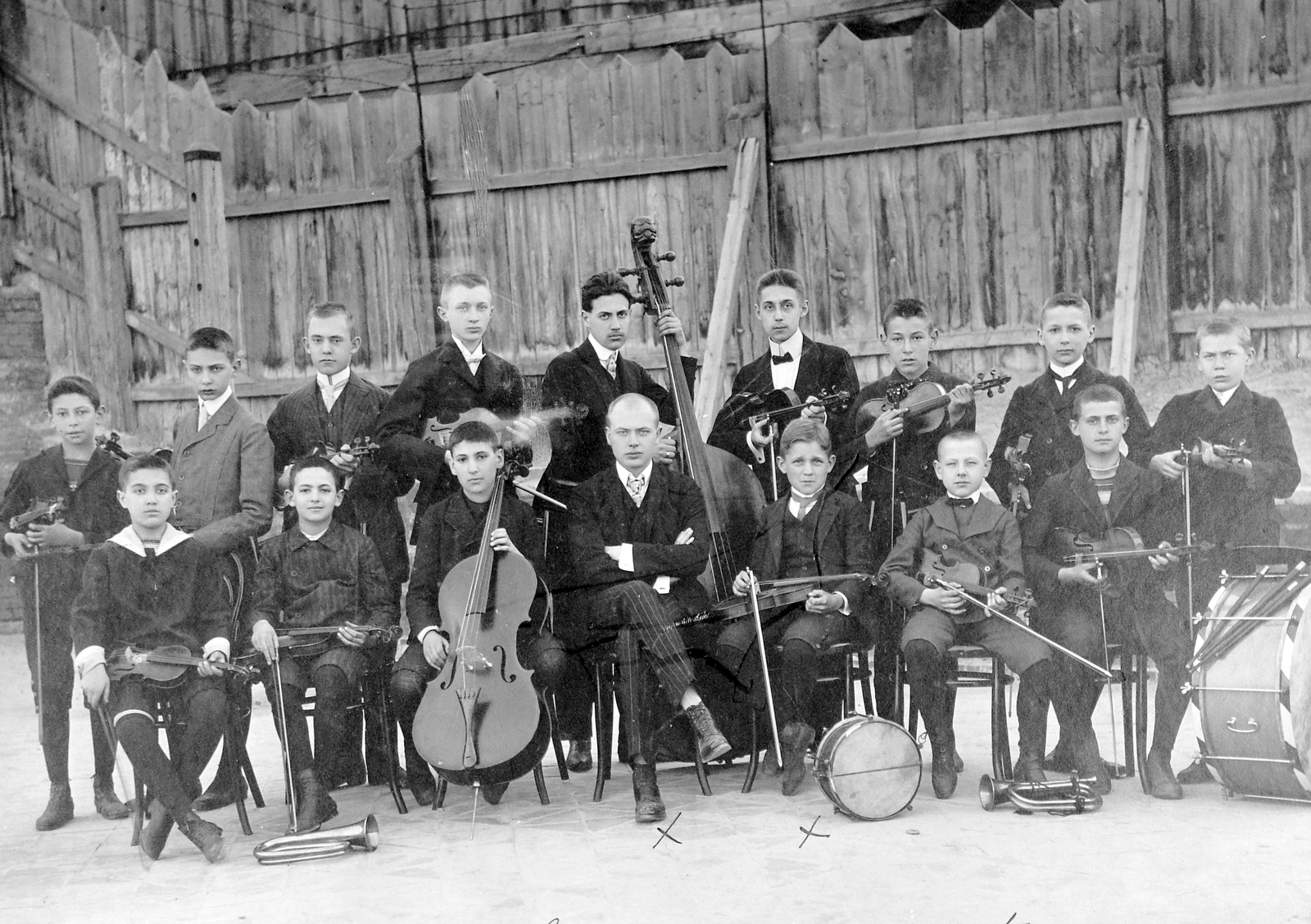 1928, Fortepan, musical instrument, class photo, band, violin, cello, double bass, drum, Fortepan #8225