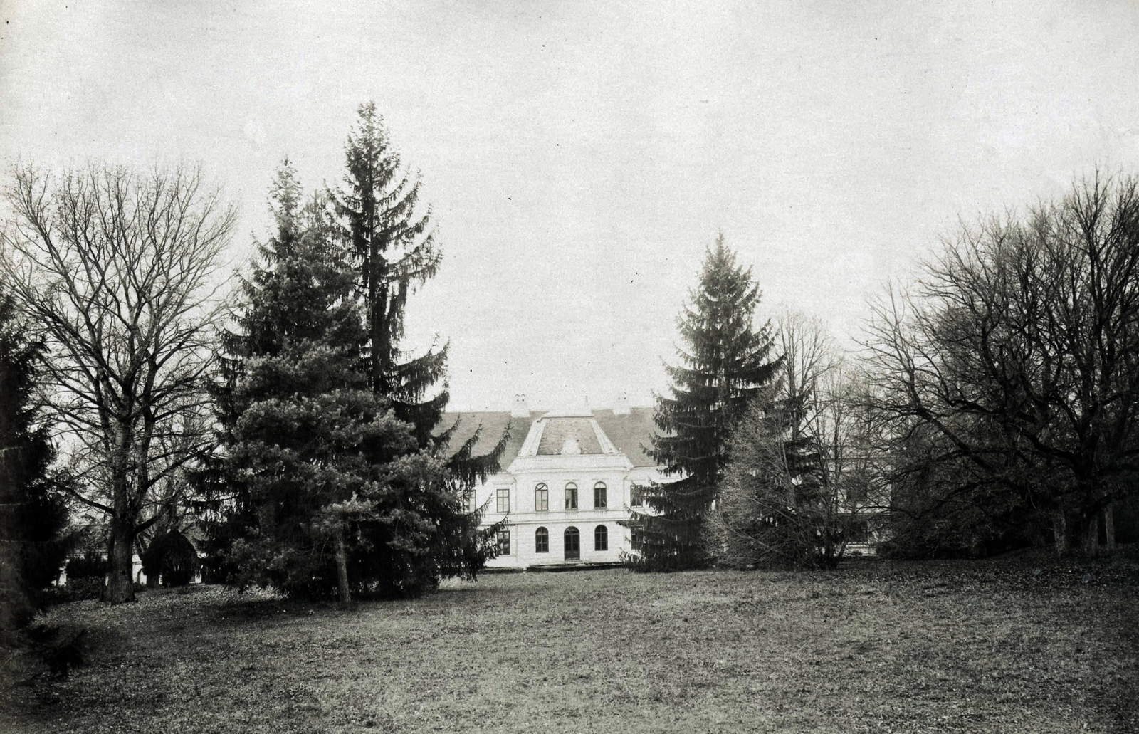 Hungary, Somogyvár, Széchenyi-kastély a park felől nézve. A felvétel 1895-1899 között készült." A kép forrását kérjük így adja meg: Fortepan / Budapest Főváros Levéltára. Levéltári jelzet: HU.BFL.XV.19.d.1.11.060, 1900, Budapest Főváros Levéltára / Klösz György fényképei, Klösz György, castle, pine, Fortepan #83152