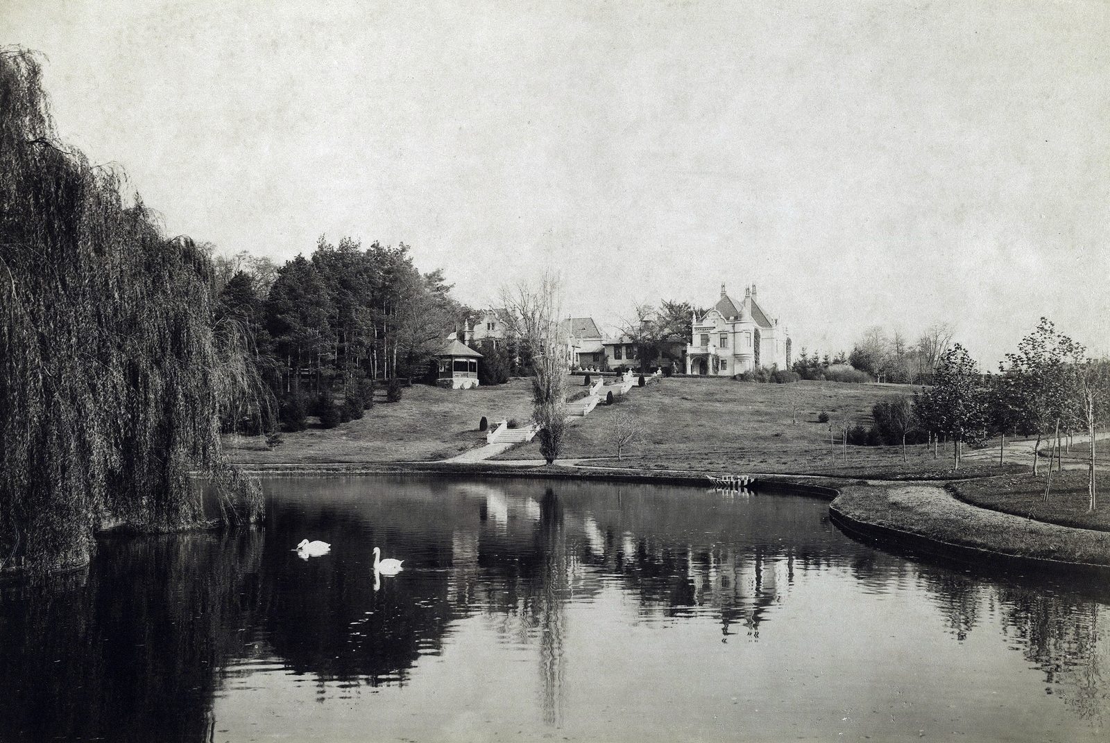 Magyarország, Mozsgó, a Biedermann-kastély és parkja. A felvétel 1895-1899 között készült. A kép forrását kérjük így adja meg: Fortepan / Budapest Főváros Levéltára. Levéltári jelzet: HU.BFL.XV.19.d.1.13.061, 1900, Budapest Főváros Levéltára / Klösz György fényképei, Klösz György, kastély, hattyú, park, vízpart, Fortepan #83572