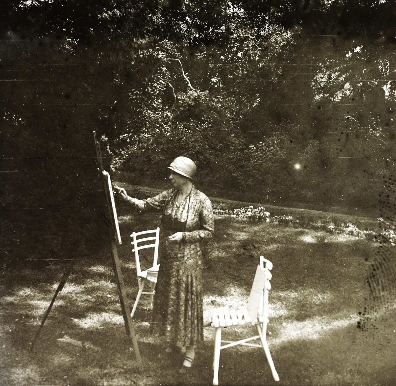 Hungary, Dombiratos, 1932, Ebner, portrait, art, hat, woman, outdoor chair, easel, painter, Fortepan #83710