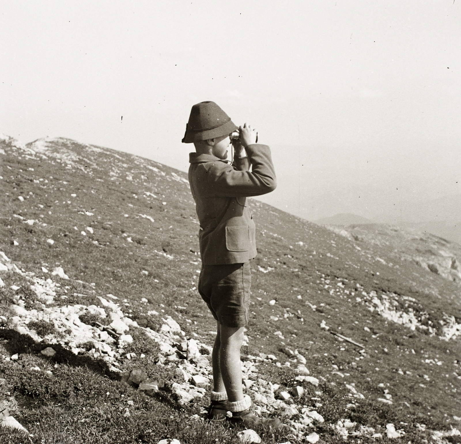1939, Ebner, hat, excursion, telescope, boy, hiking boots, Fortepan #83969