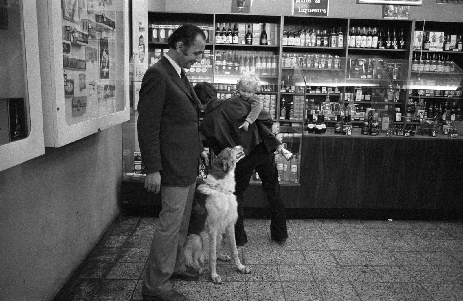 1968, Erdei Katalin, dog, kid, flared trousers, shop interior, leash, hard currency shop, greyhound, Fortepan #84937