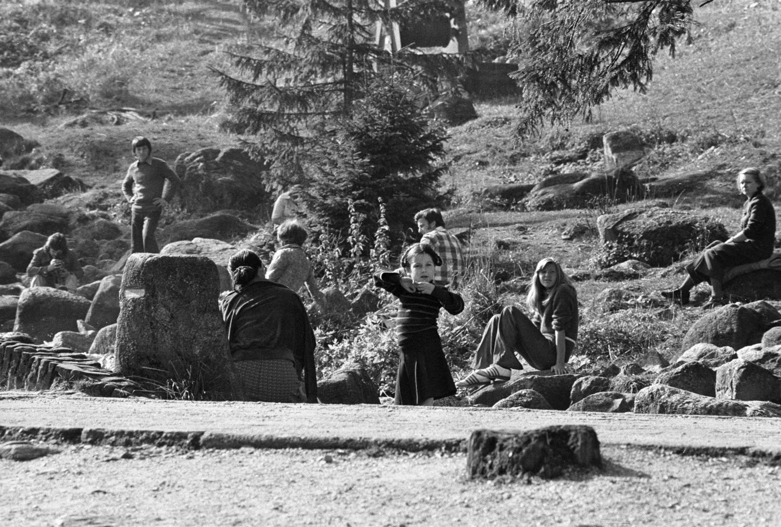 1968, Erdei Katalin, girl, youth, tress, sitting on a rock, Fortepan #84940