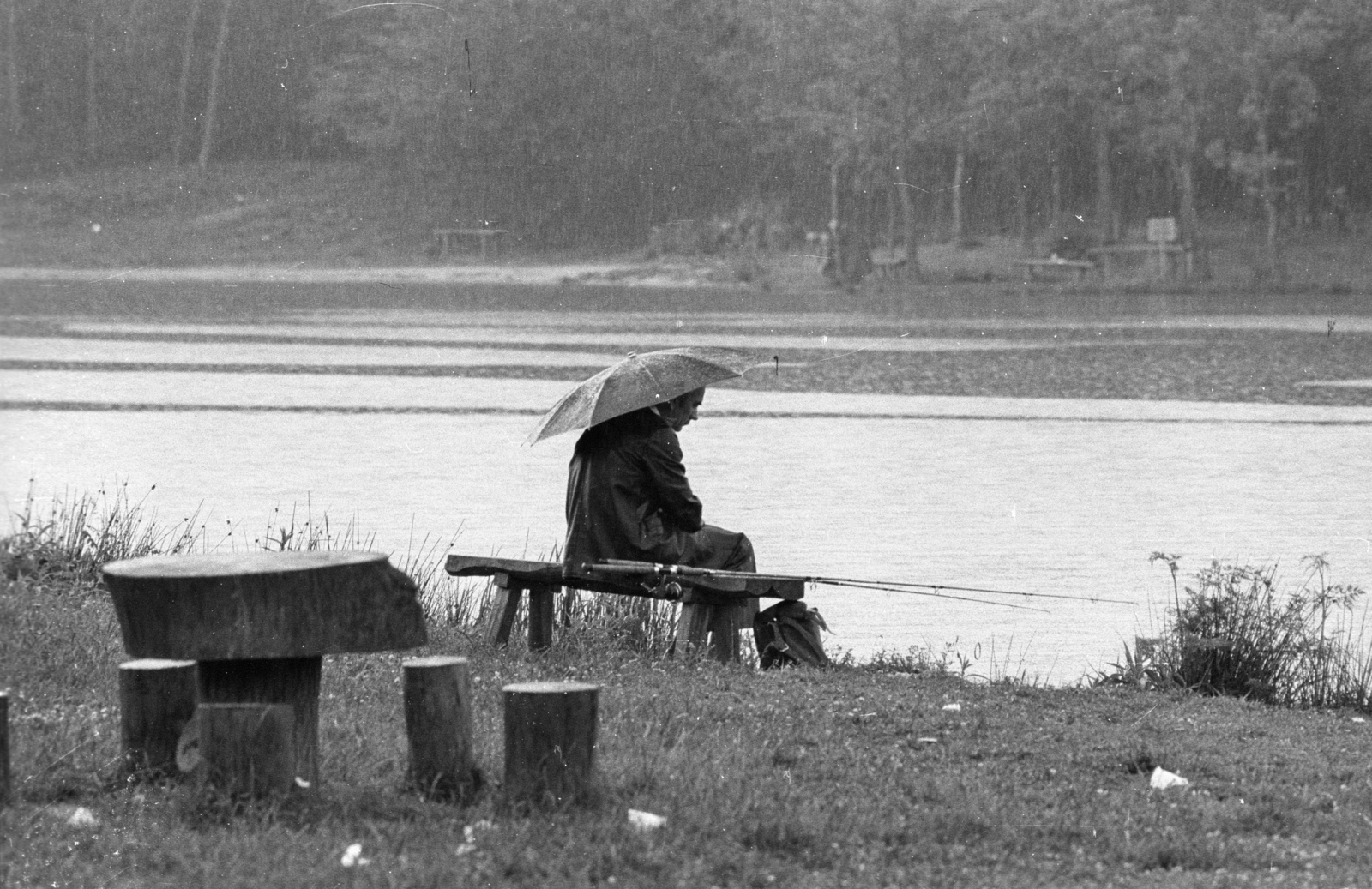 1976, Erdei Katalin, fishing, umbrella, bench, rain, Fortepan #84944