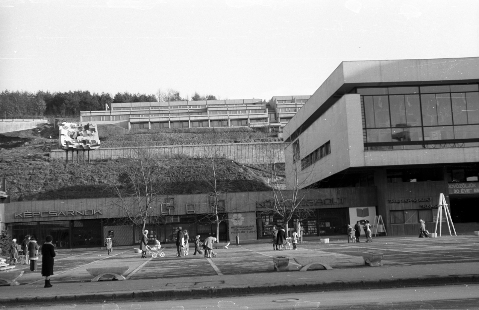 Magyarország, Salgótarján, Fő tér, jobbra a József Attila Művelődési Ház. Háttérben az MSZMP oktatási épülete., 1974, Erdei Katalin, könyvesbolt, középület, modern építészet, Szrogh György-terv, Képcsarnok, Fortepan #84965