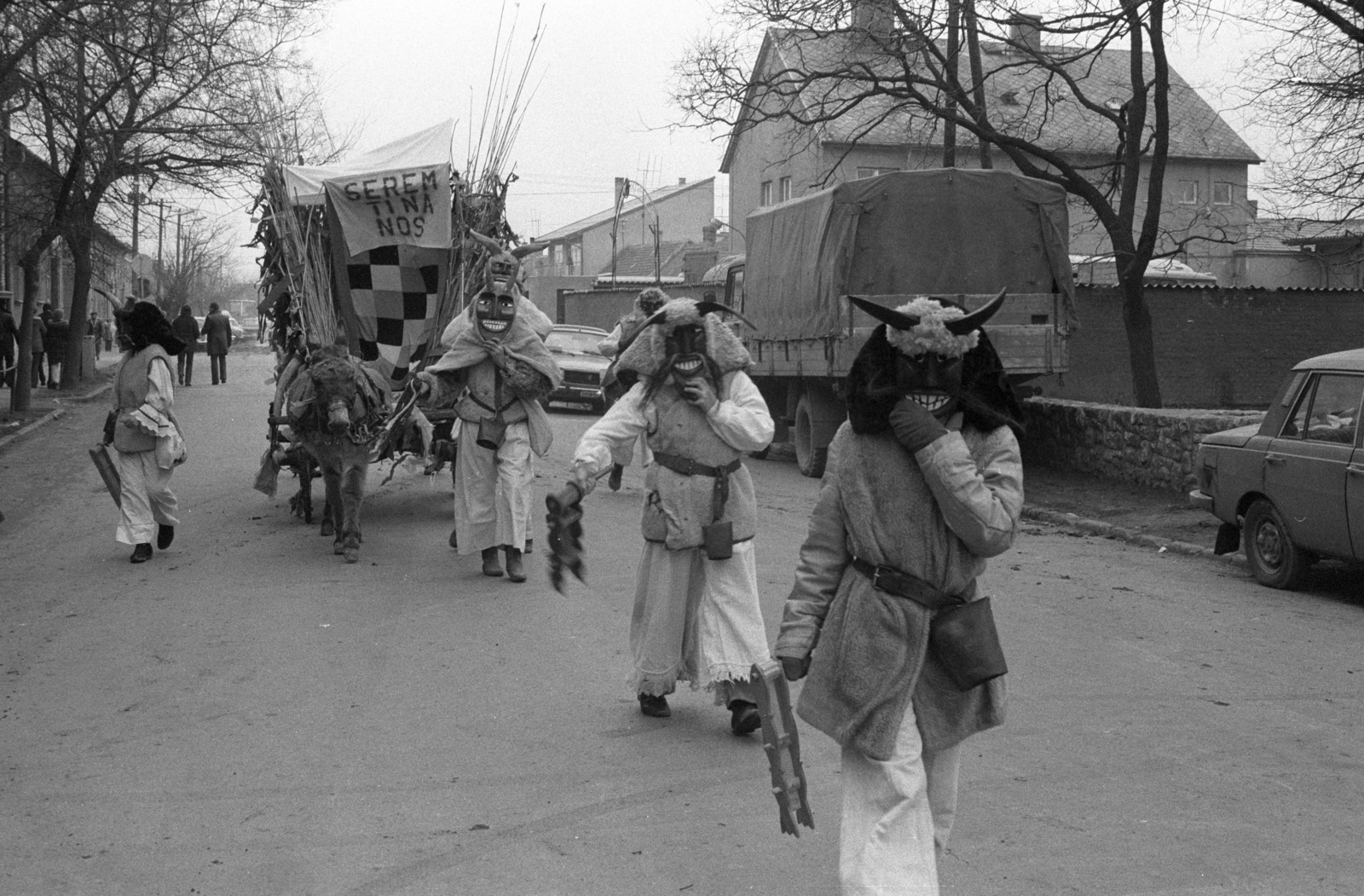 Hungary, Mohács, busójárás idején., 1979, Erdei Katalin, donkey, mask, clapper, Fortepan #85027