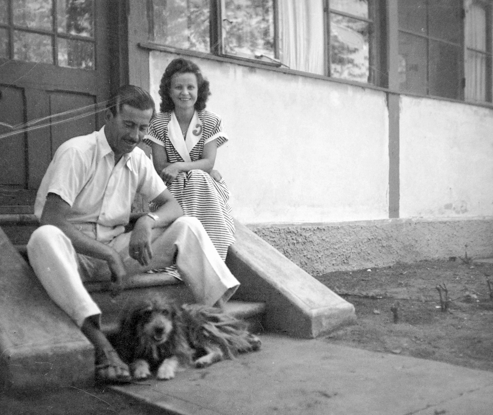 1949, Fortepan, dog, couple, striped dress, sitting on stairs, Fortepan #8511