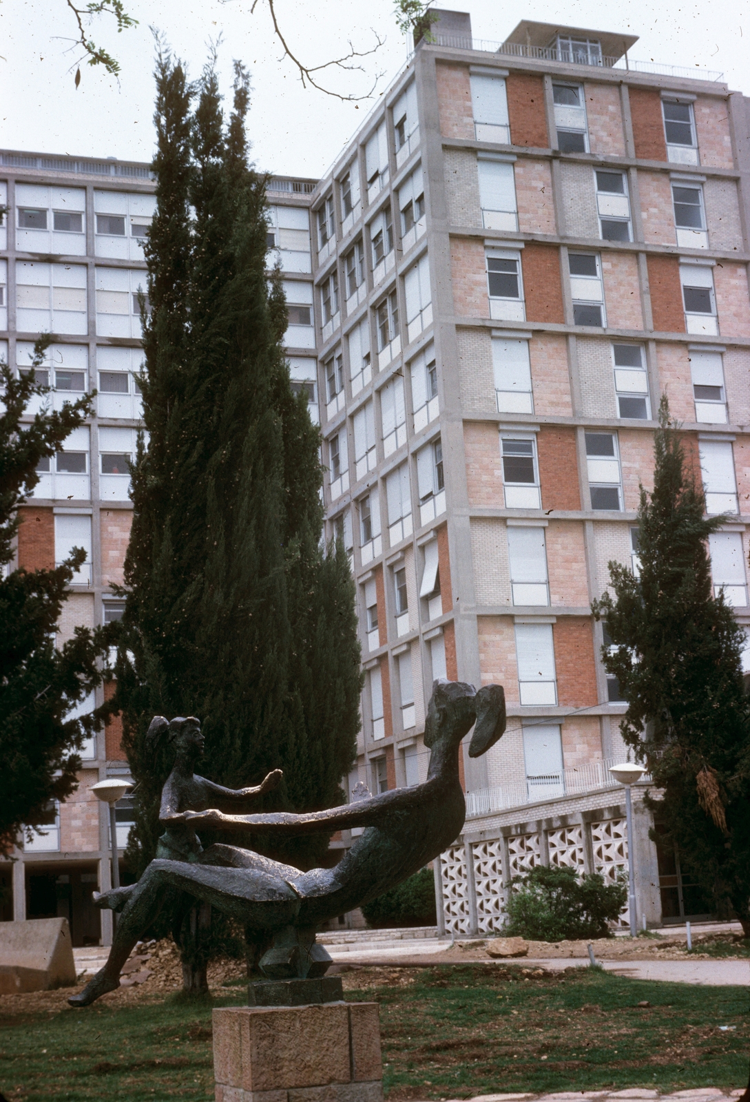 Israel, Jerusalem, Ein Kerem városnegyed, Hadassah Egyetemi Kórház, Miriam kert, a Játszó anya című szobor másolata (az eredeti azobor (Chaim Gross, 1961.) New Yorkban, a Fordham Egyetem campusának udvarán található)., 1976, Métneki János dr, colorful, sculpture, Fortepan #85147