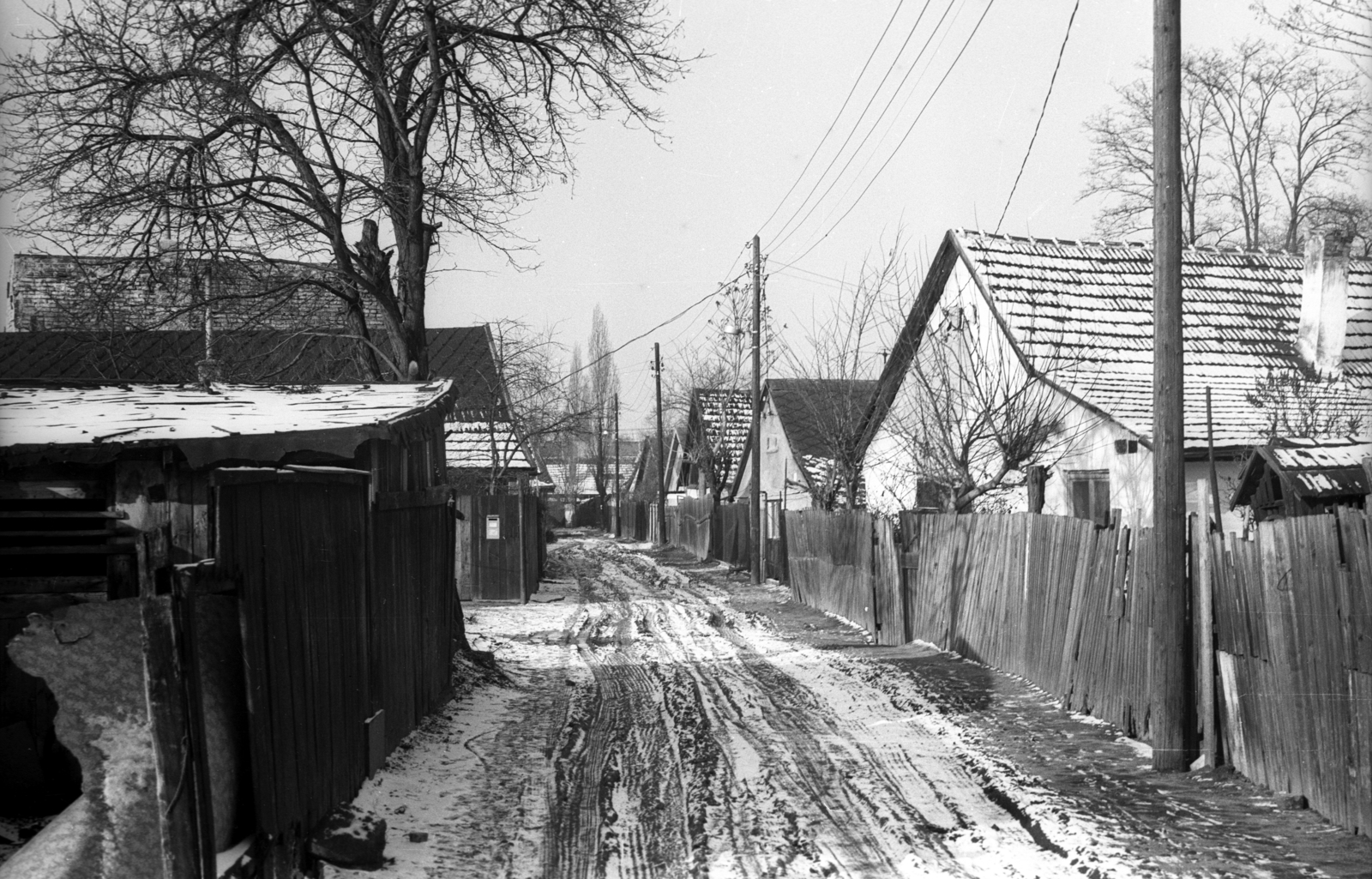 Hungary, Rákospalota, Budapest XV., Báthory utca, a mára elbontott telep, a "Sódergödör" házai., 1982, Czunya György, winter, snow, dirt road, fence, mud, Budapest, Fortepan #85280