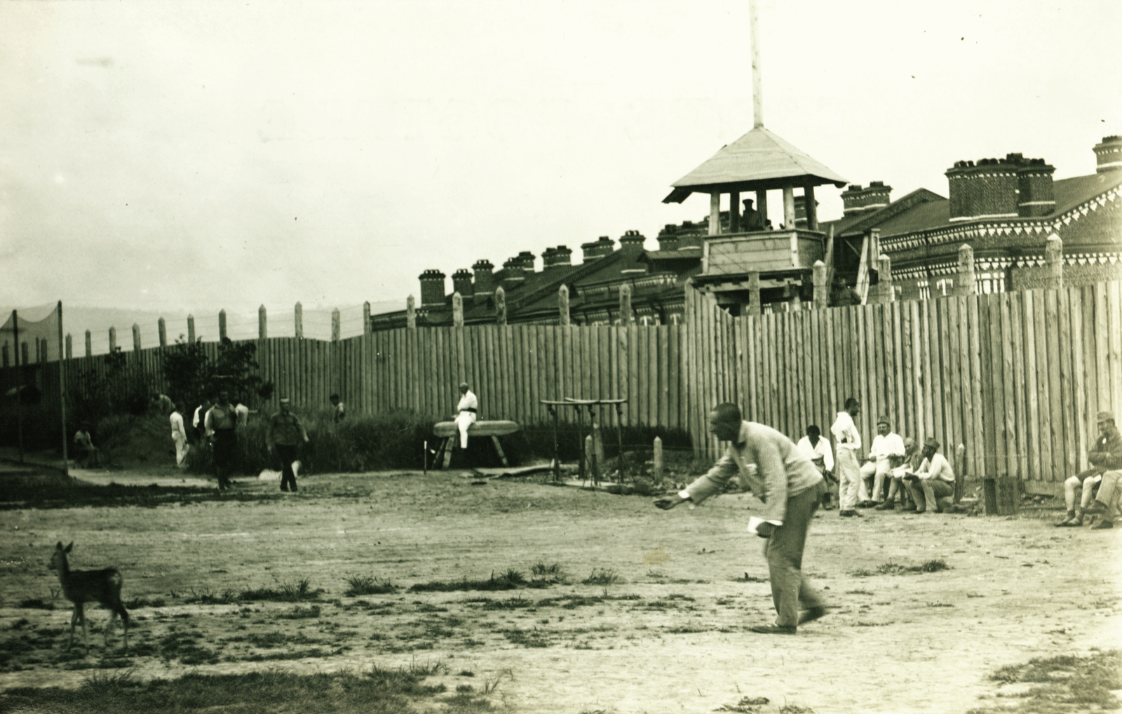 Russia, Shkotovo, hadifogolytábor., 1919, Lőw Miklós, First World War, prisoner of war, deer, Exercise Equipment, watch tower, prison camp, Fortepan #85325