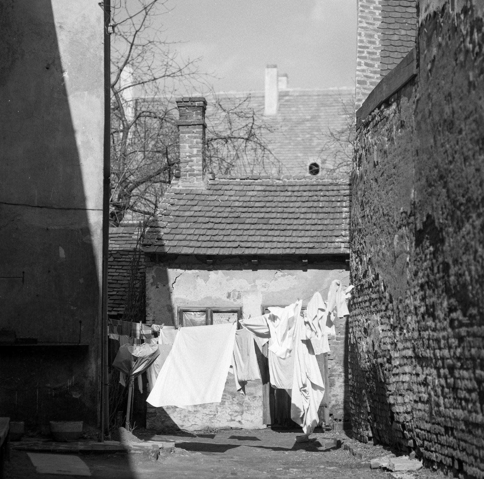 Hungary, Kőszeg, a Rajnis utca 8. udvara, középen a háttérben a Táblaház (Schätzel Frigyes) utca 11. tetőzete és kéményei látszanak., 1972, Erdei Katalin, poverty, hanging clothes, inner courtyard, poverty, Fortepan #85454