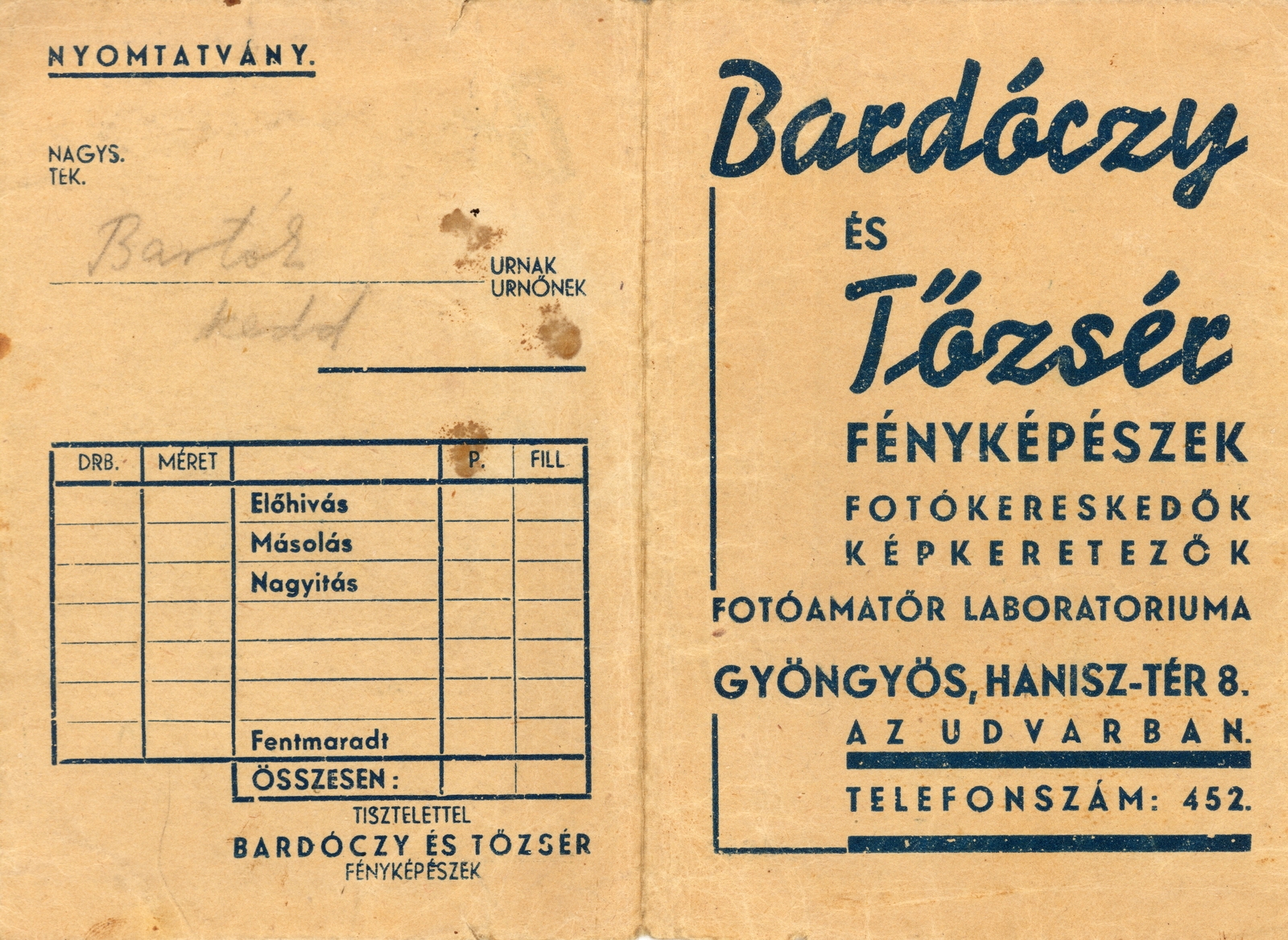 Magyarország, Gyöngyös, Hanisz tér 8., Bardóczy és Tőzsér fényképészek., 1935, Bartók István, fényképtartó tasak, fotószaküzlet, Fortepan #85731