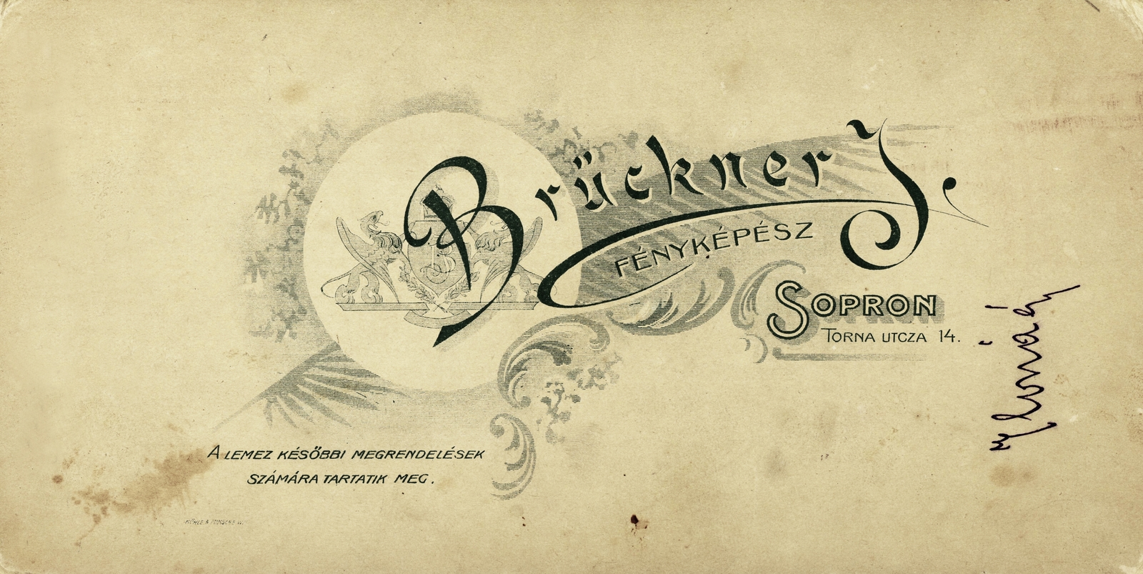 Magyarország, Sopron, Torna utca 4., Brückner Ignác fényképész., 1906, Gyökhegyi Bánk, műterem, fényképész, hátlap, Fortepan #85743