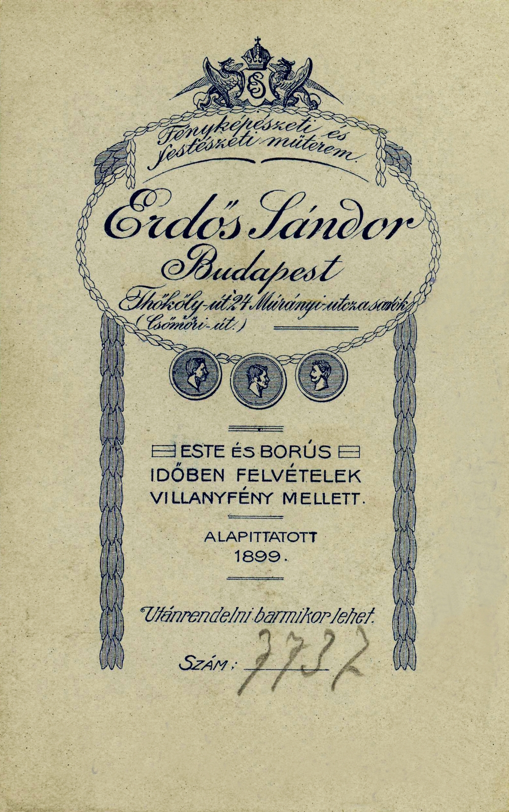 Hungary, Budapest VII., Thököly út 24., Erdős Sándor fényképészeti és festészeti műterme., 1906, Gyökhegyi Bánk, studio, photographer, verso, Budapest, Fortepan #85744