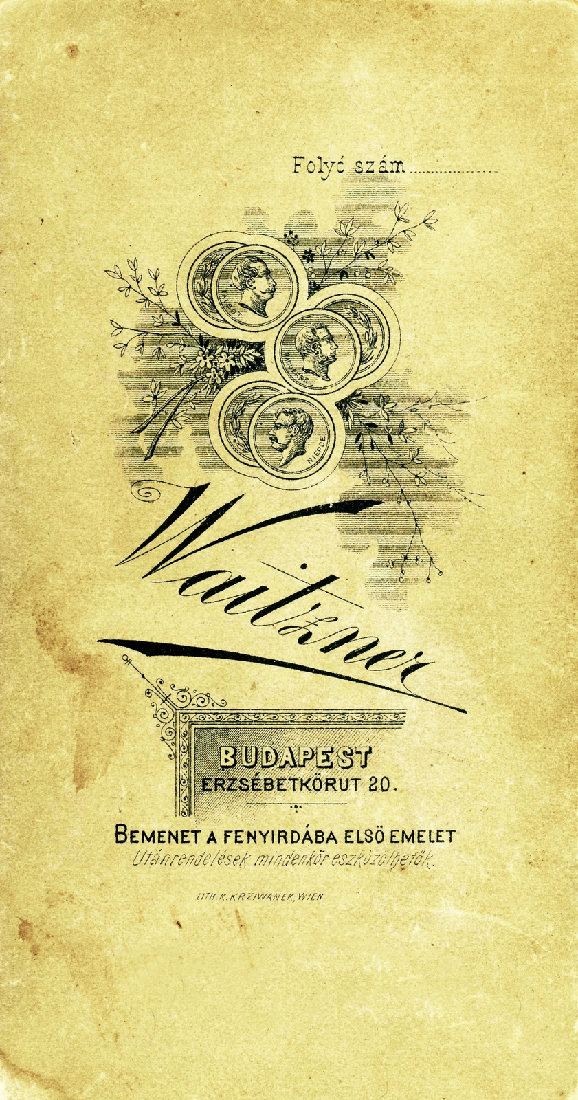 Hungary, Budapest VII., Erzsébet körút 20., Waitzner Arnold fényírdája., 1900, Gyökhegyi Bánk, studio, photographer, verso, Budapest, Fortepan #85748
