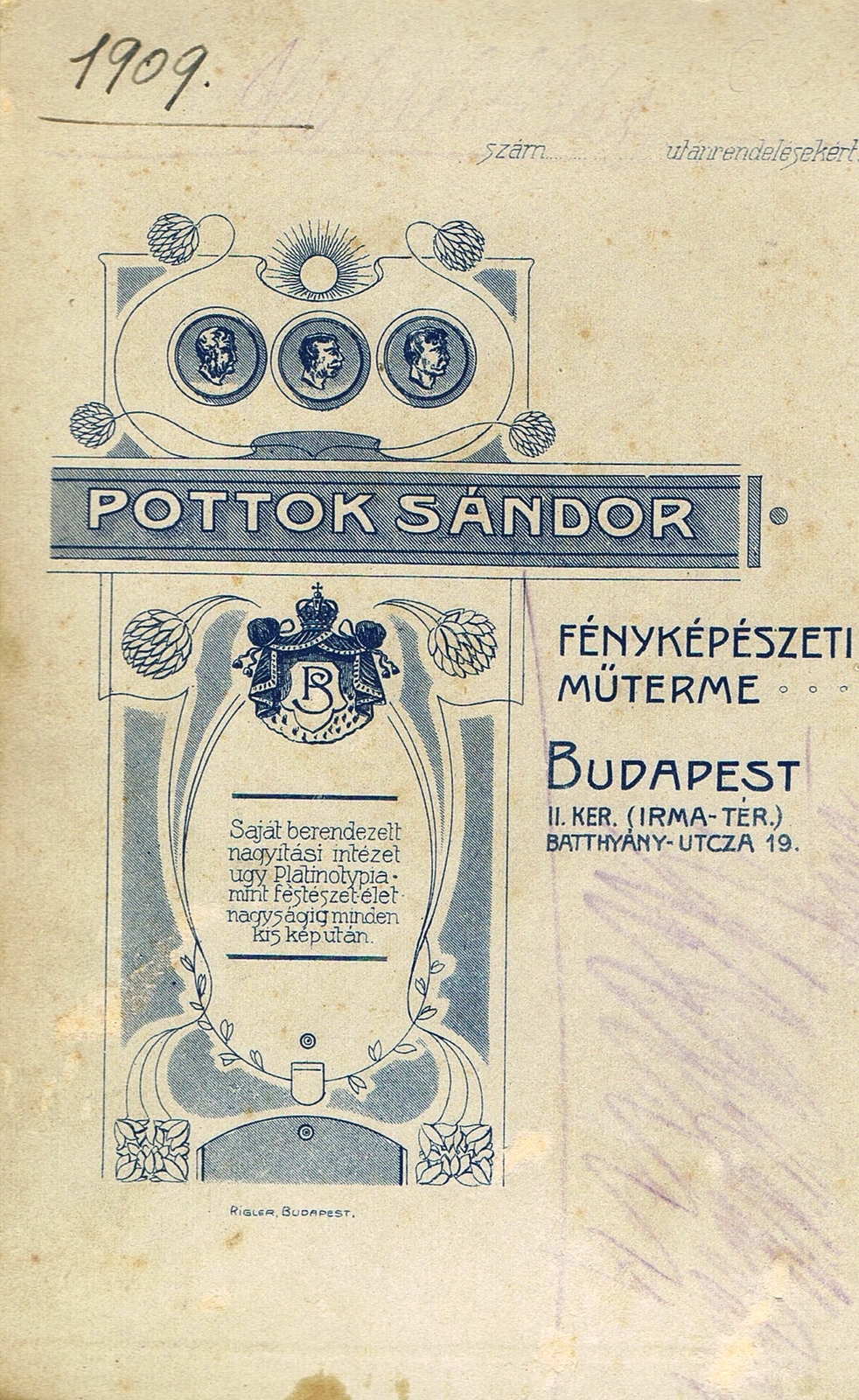 Magyarország, Budapest I., Mária (Irma) tér, Batthyány utca 19. Puttok Sándor fényképészeti műterme., 1909, Gyurkovics Györgyi, műterem, fényképész, hátlap, Budapest, Fortepan #85751