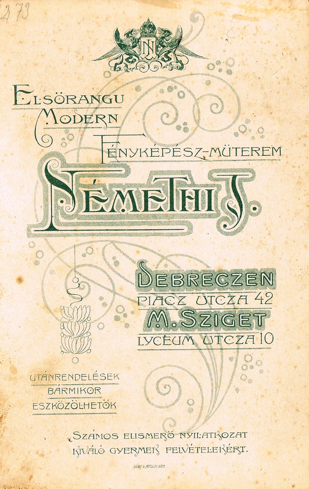 Magyarország,Románia, Debrecen,Máramarossziget, Piac utca 42. / Lyceum utca 10., Némethi József fényképész műtermei., 1908, Gyurkovics Györgyi, műterem, fényképész, hátlap, Fortepan #85753