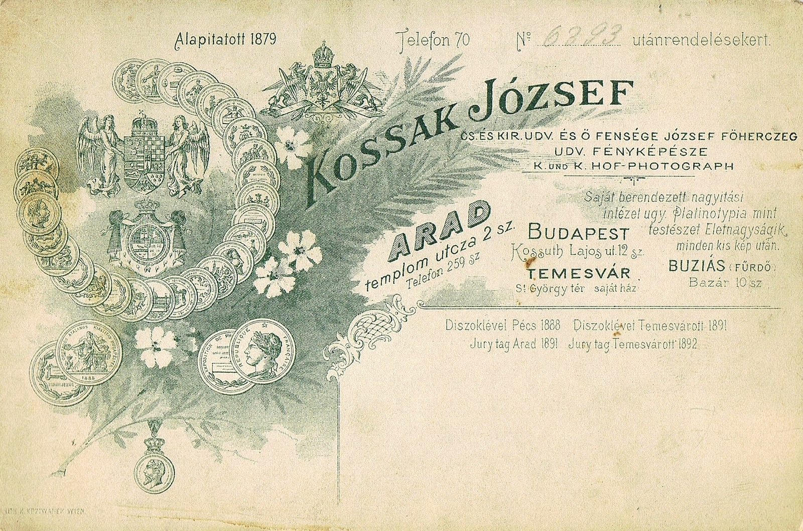Hungary,Romania, Budapest V.,Arad,Timisoara, Kossuth Lajos utca 12. / Templom utca 12. / Szent György tér / Bazár 10., Kossak József fényképész., 1900, Gyurkovics Györgyi, studio, photographer, verso, Budapest, Fortepan #85754