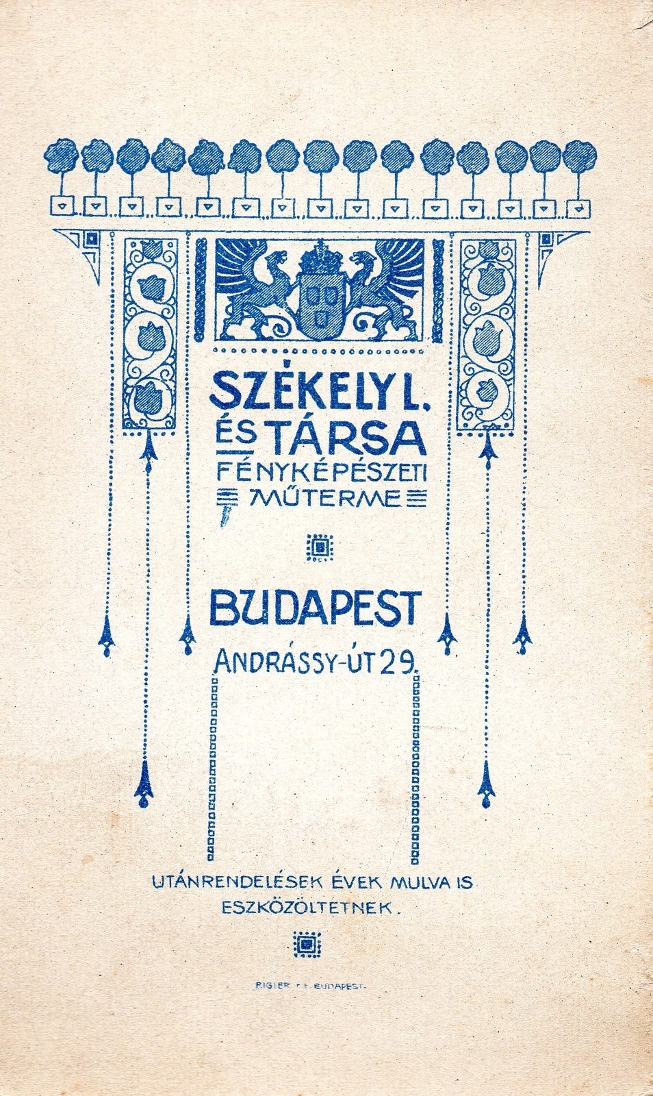 Magyarország, Budapest VI., Andrássy út 29., Székely L. és társa fényképészeti műterme., 1905, Kőhegyi Zoltán, műterem, fényképész, hátlap, Budapest, Fortepan #85781