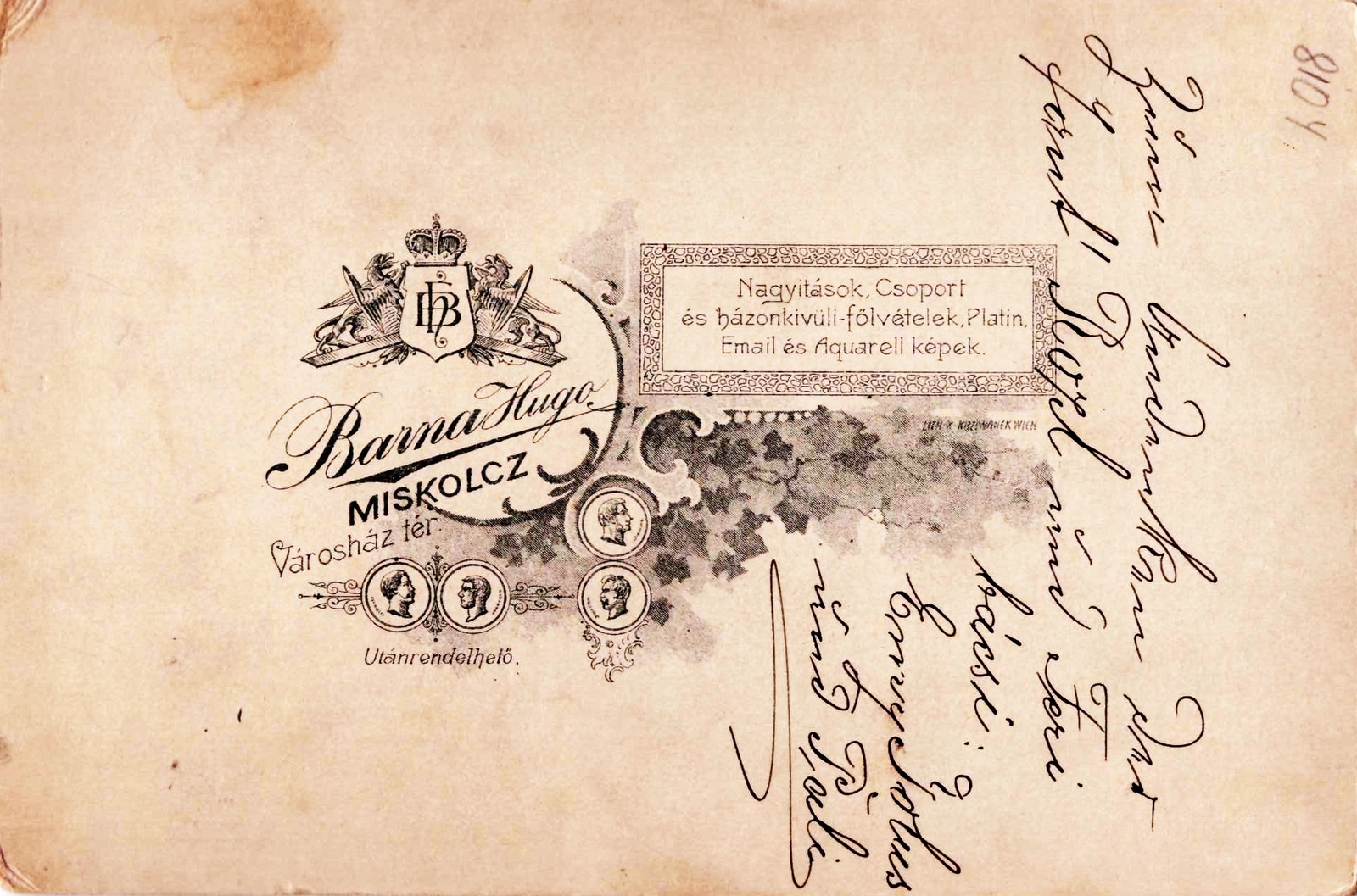 Hungary, Miskolc, Városház tér, Barna Hugo fényképész., 1900, Pétek Edit, studio, photographer, verso, Fortepan #85794