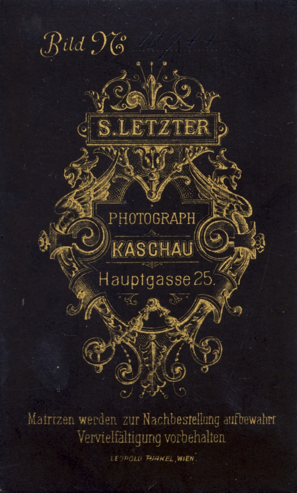 Szlovákia, Kassa, Fő út 25., Letzter S. fényképész., 1900, Schermann Ákos, műterem, fényképész, hátlap, Fortepan #85824