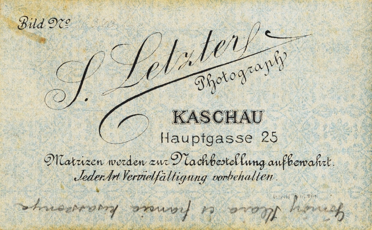 Szlovákia, Kassa, Fő út 25., Letzter S. fényképész., 1900, Schermann Ákos, műterem, fényképész, hátlap, Fortepan #85825