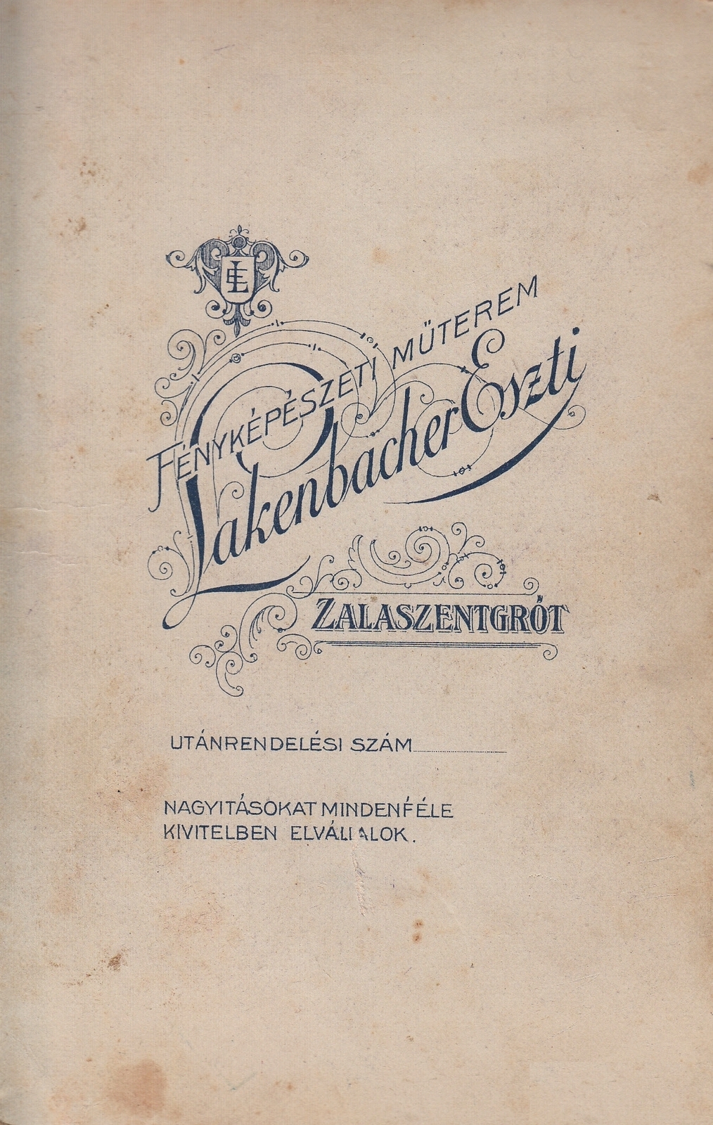 Magyarország, Zalaszentgrót, Lakenbacher Eszti fényképészeti műterme., 1909, Szabó István, műterem, fényképész, hátlap, Fortepan #85847