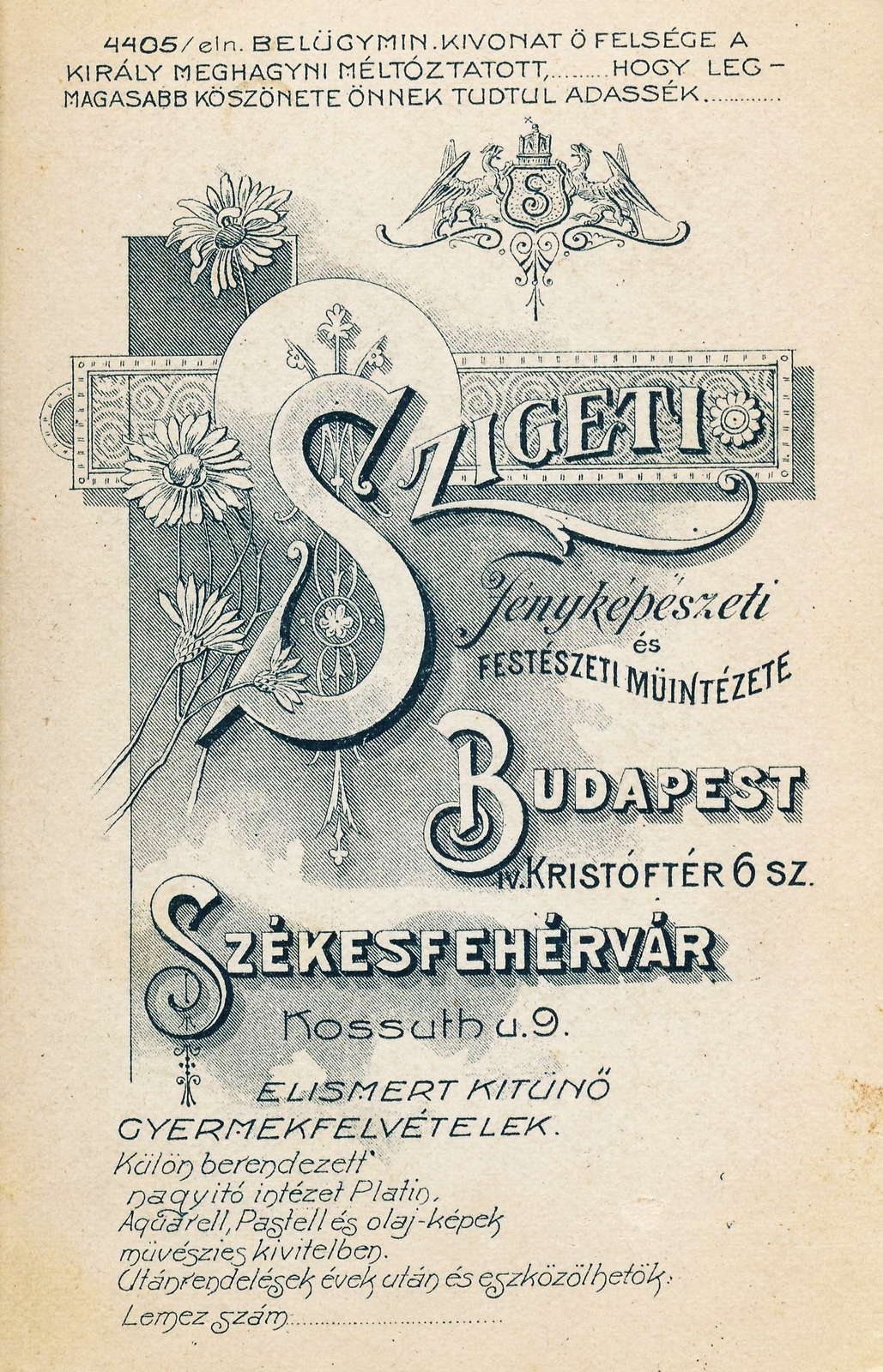 Hungary, Budapest V.,Székesfehérvár, Kristóf tér 6. / Kossuth utca 9., Szigeti fényképészeti és festészeti műintézete., 1904, Székesfehérvár Városi Képtár, studio, photographer, verso, Budapest, Fortepan #85878