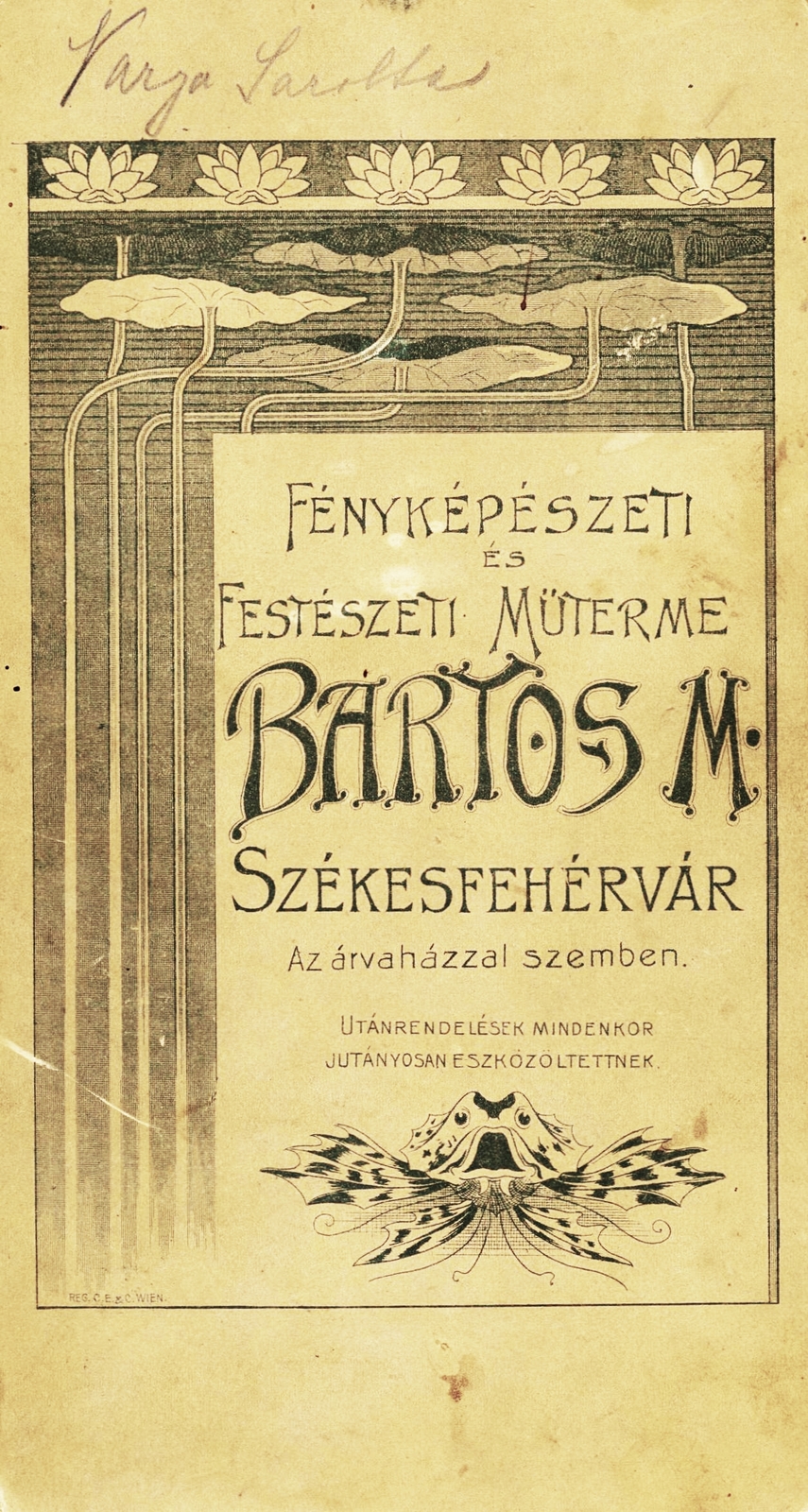Magyarország, Székesfehérvár, Bartos Malvin fényképészeti és festészeti műterme., 1912, Székesfehérvár Városi Képtár, műterem, fényképész, hátlap, Fortepan #85889