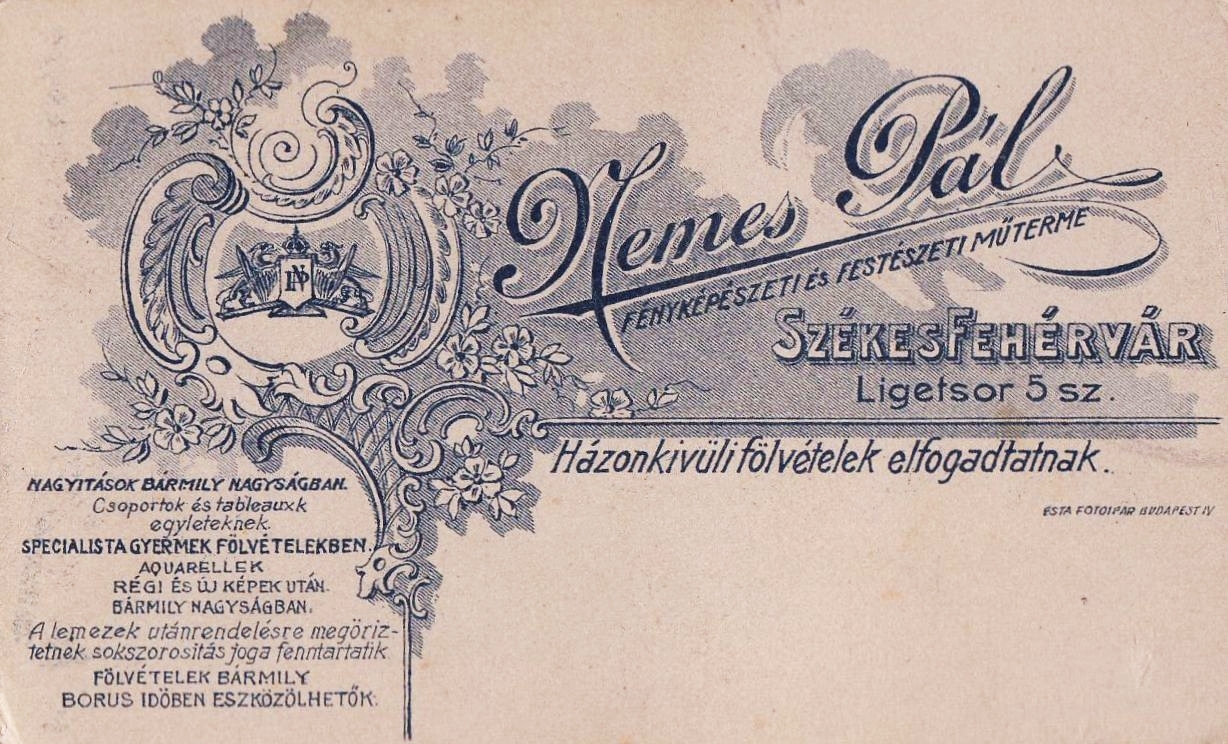 Magyarország, Székesfehérvár, Ligetsor 5., Nemes Pál fényképészeti és festészeti műterme., 1906, Székesfehérvár Városi Képtár, műterem, fényképész, hátlap, Fortepan #85899