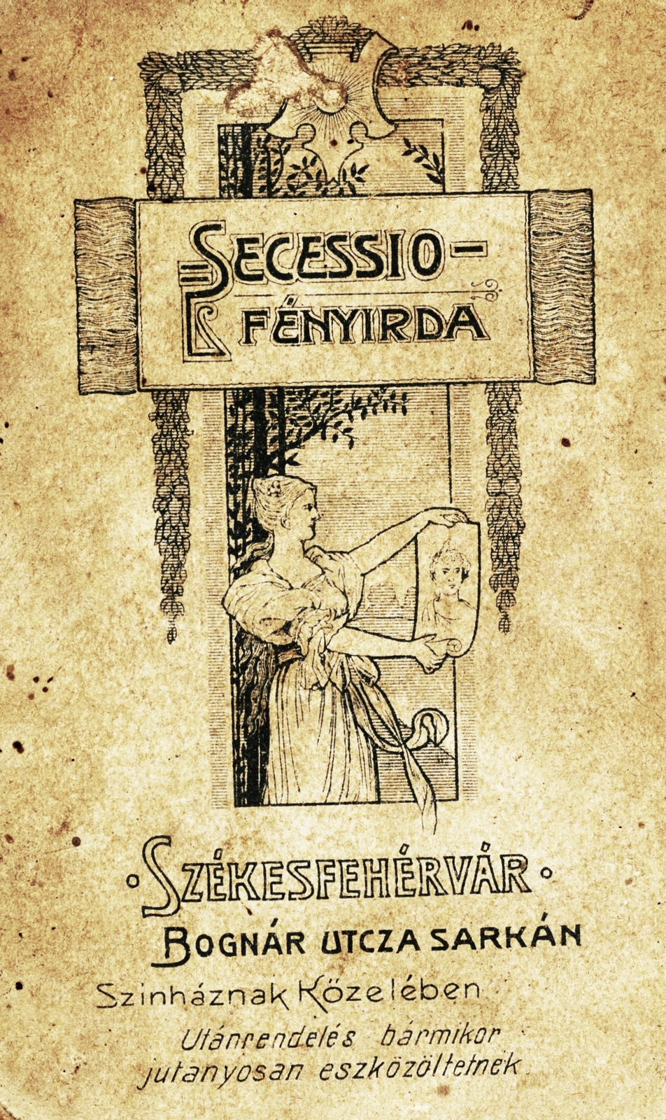 Magyarország, Székesfehérvár, Bognár utca sarkán, Secessio fényírda., 1910, Székesfehérvár Városi Képtár, műterem, fényképész, hátlap, Fortepan #85900