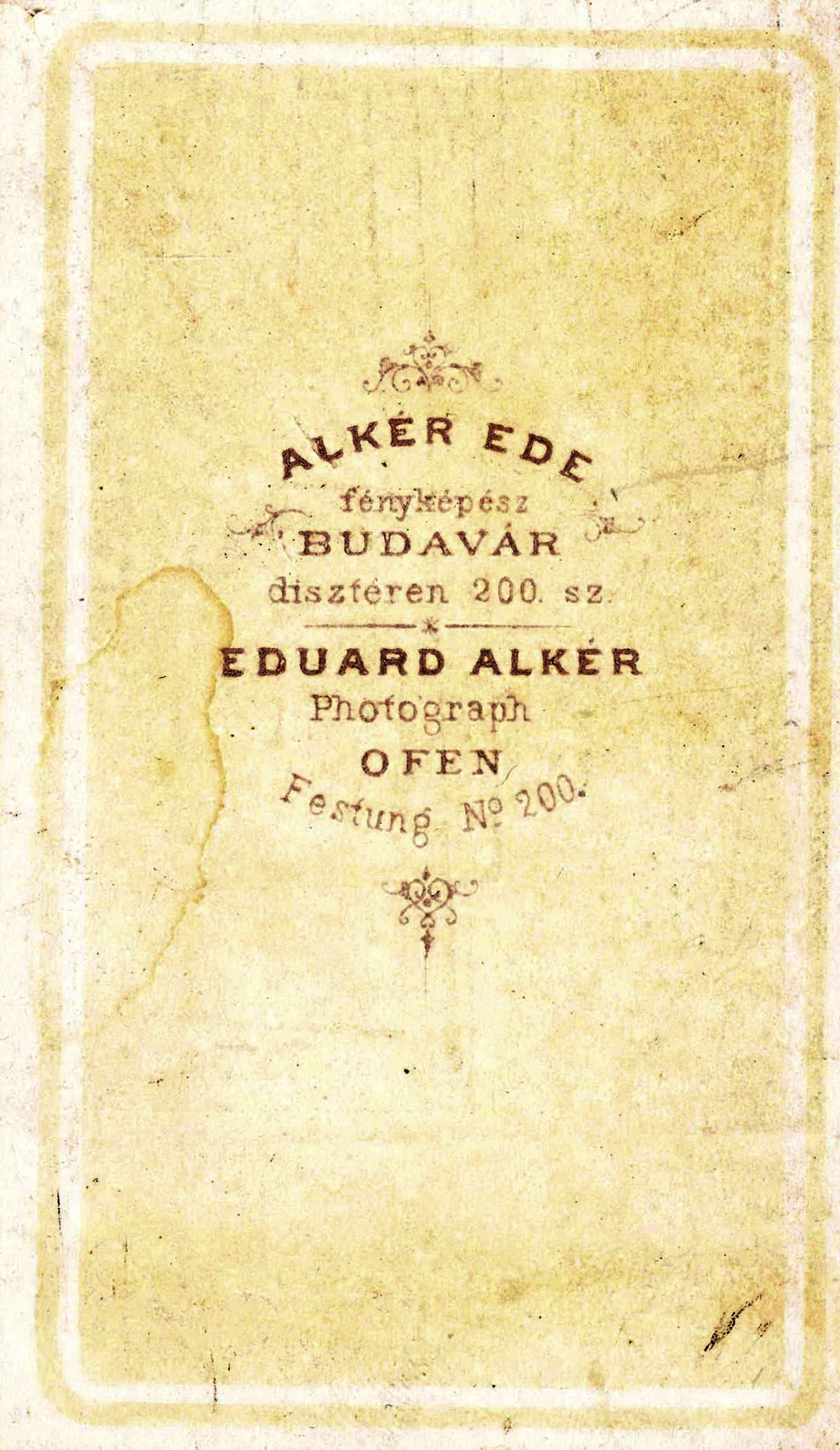 Hungary, Budapest I., Dísztér 200., Alker Ede fényképész., 1900, Székesfehérvár Városi Képtár, studio, photographer, verso, Budapest, Fortepan #85910