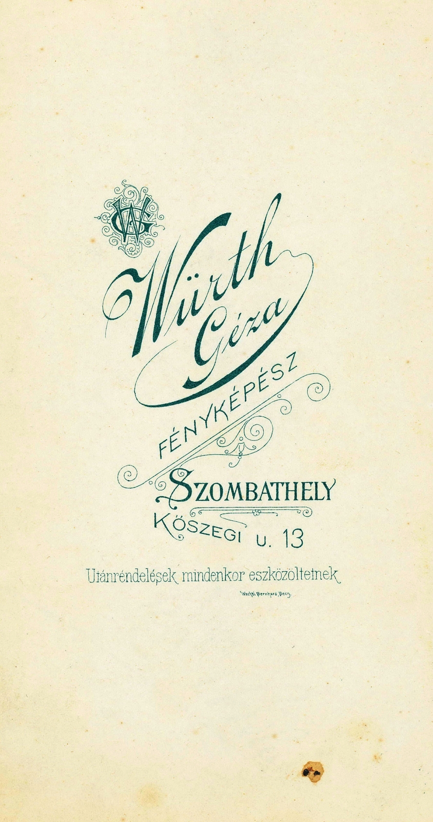 Magyarország, Szombathely, Kőszegi út 13., Würth Géza fényképész., 1900, Székesfehérvár Városi Képtár, műterem, fényképész, hátlap, Fortepan #85911