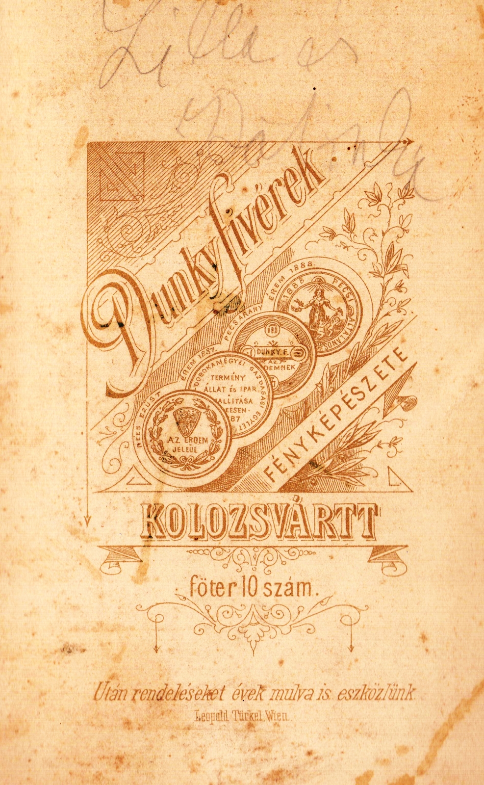 Románia, Kolozsvár, Főtér 10., Dunky fivérek fényképészete., 1900, Erky-Nagy Tibor, műterem, fényképész, hátlap, Fortepan #85933